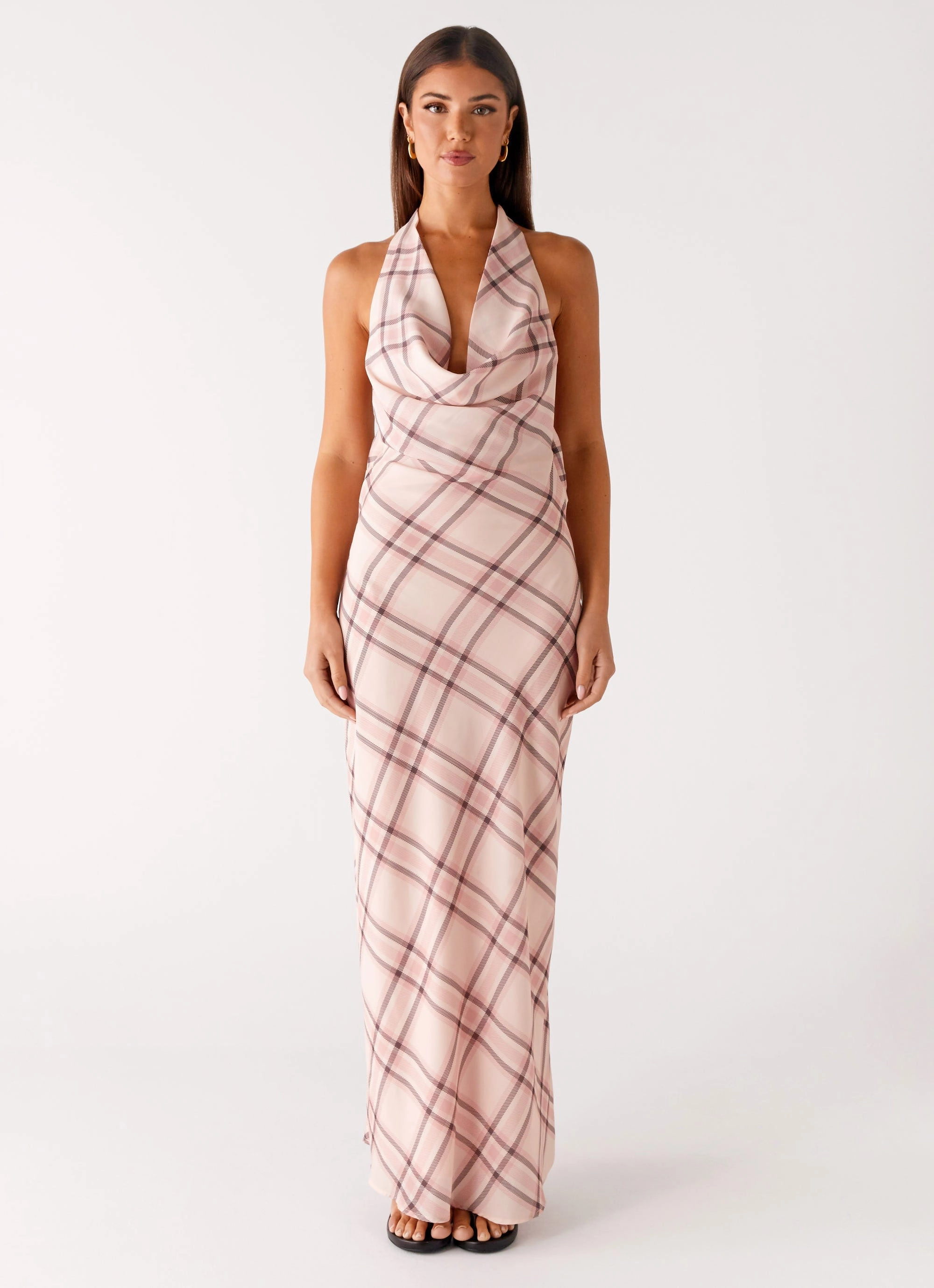 Muse Maxi Dress - Pink Check Vibrant evening gown Detachable-Detail