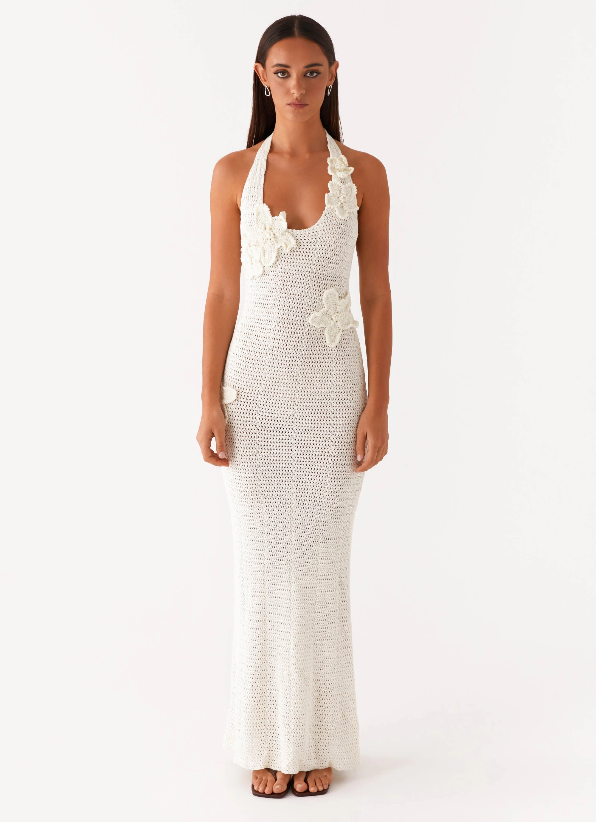 Novalee Flower Crochet Maxi Dress - Ivory Shiny Zip