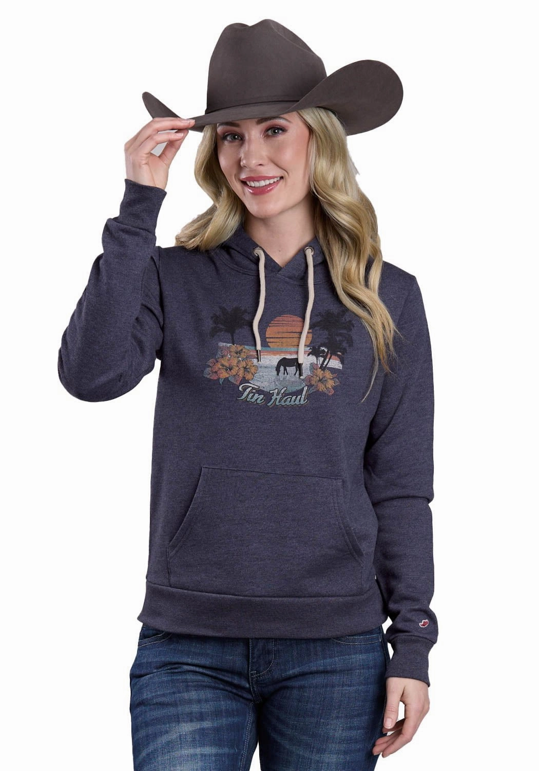 Tin Haul Womens Horse Drinking The Ocean Navy Cotton Blend Hoodie Thermal Insulation