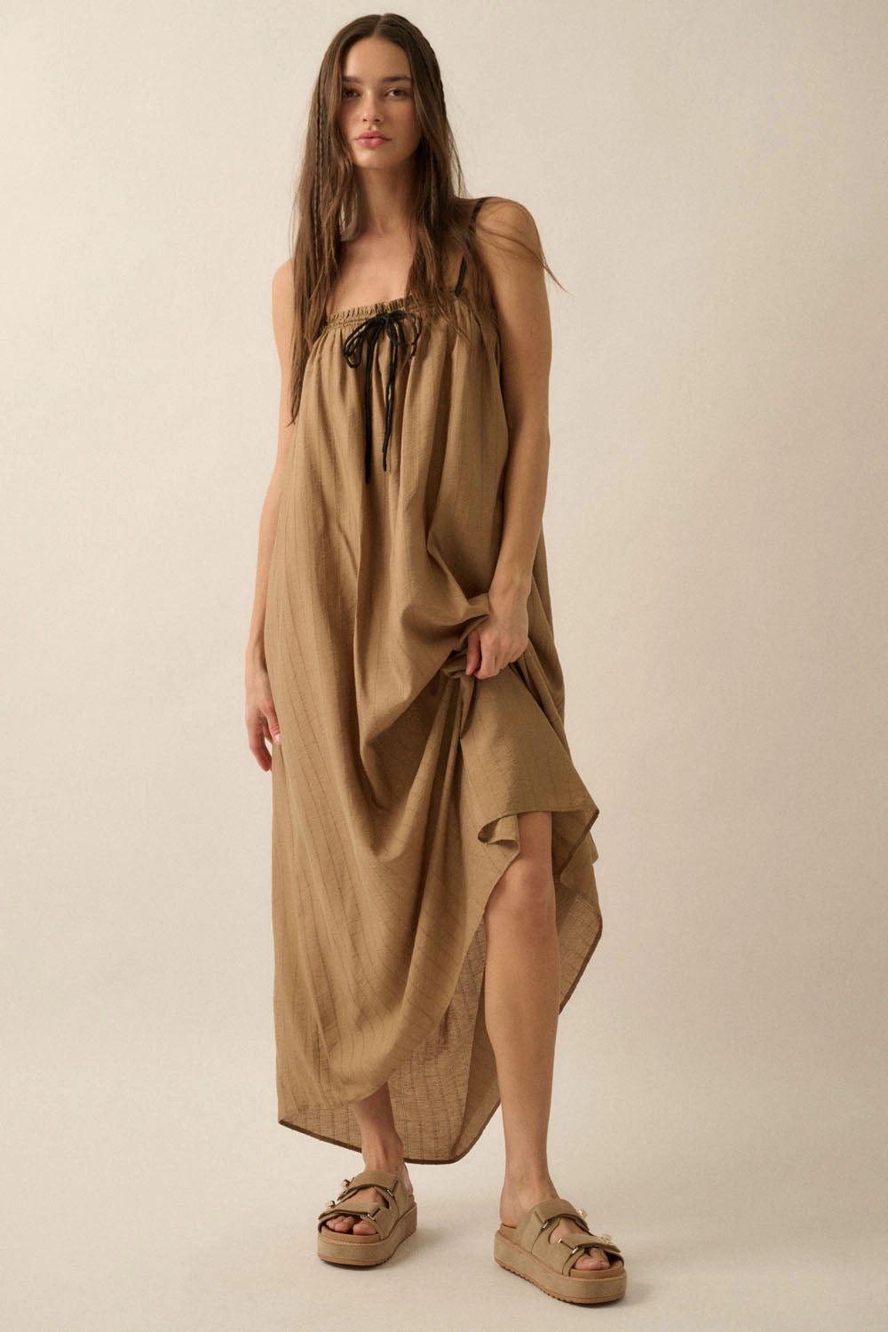 Grid Texture Fabric Two Tone Weave Tonal Striped Maxi Dress - Taupe