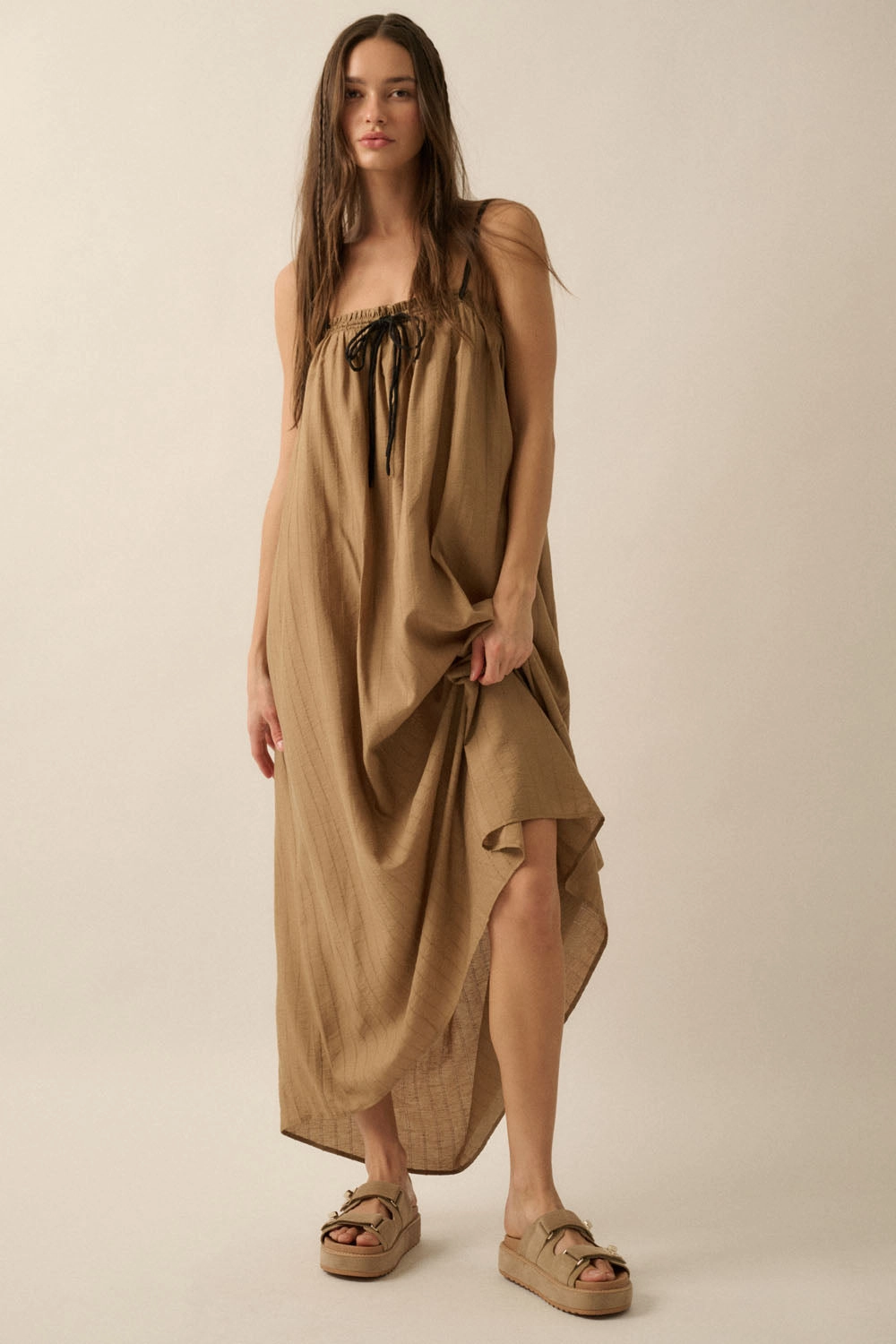 Tonal Striped Maxi Dress - Taupe Bell-Sleeve Day Love