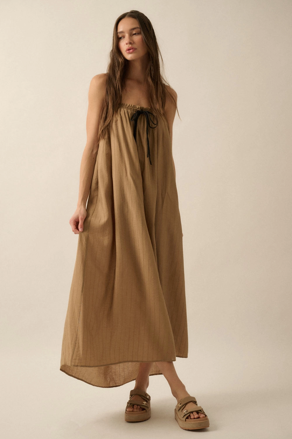 Comfortable and Chic Sleek Fit Tonal Striped Maxi Dress - Taupe
