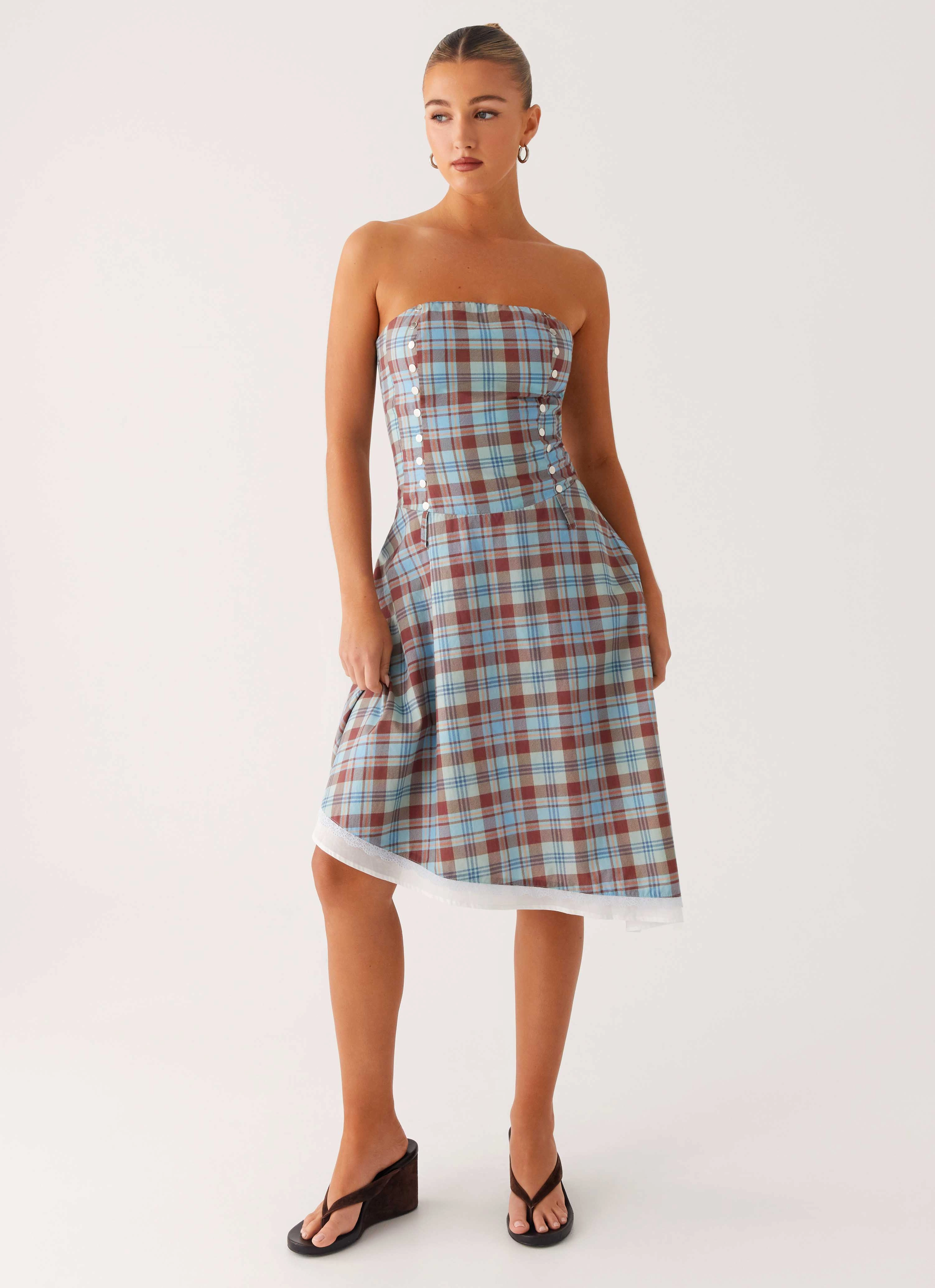 All-Purpose Wear Tonie Strapless Midi Dress - Shoreline Check