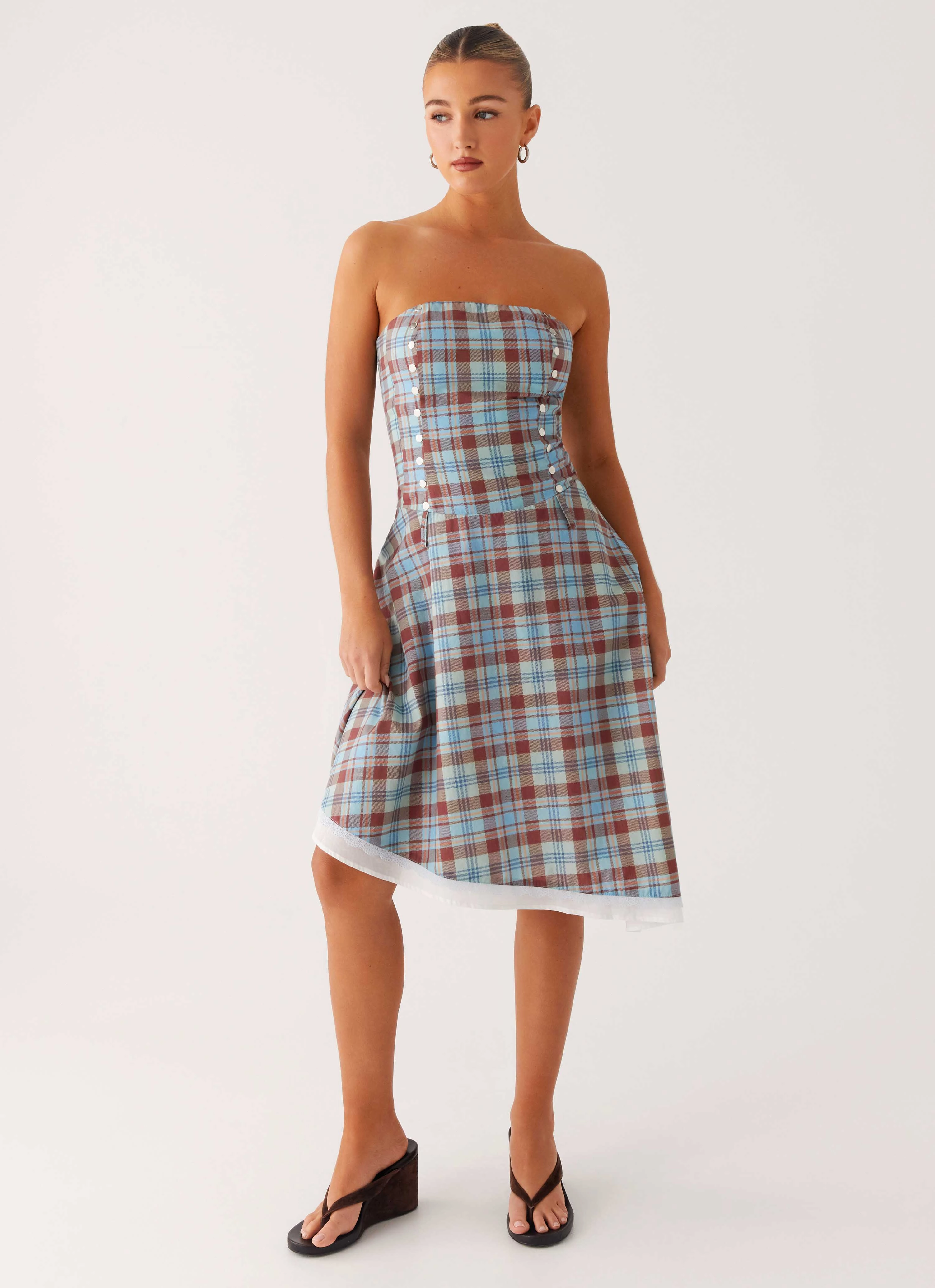 Tonie Strapless Midi Dress - Shoreline Check Chic Casual Wear Simple Flow