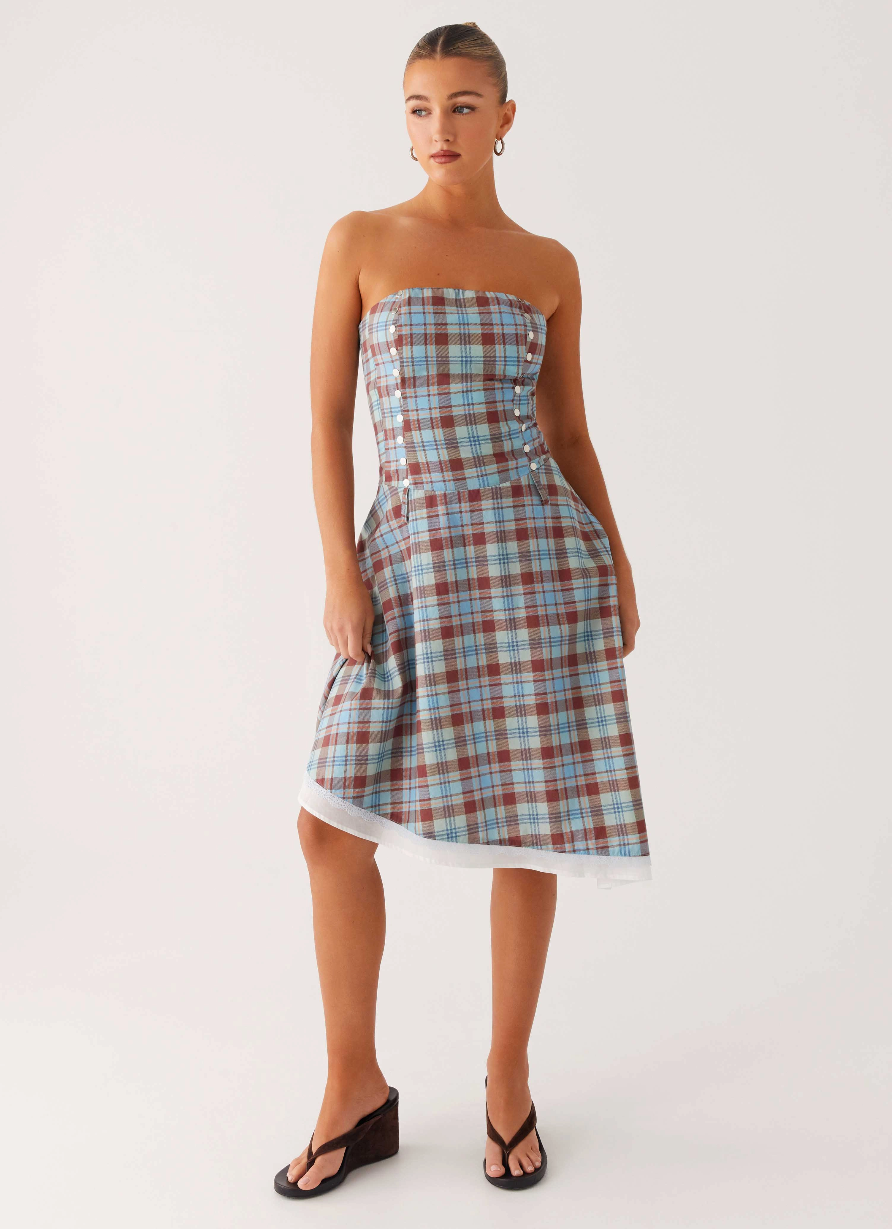 Tonie Strapless Midi Dress - Shoreline Check Air Comfort