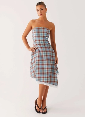 Tonie Strapless Midi Dress - Shoreline Check Shine Skin Feminine flowing piece