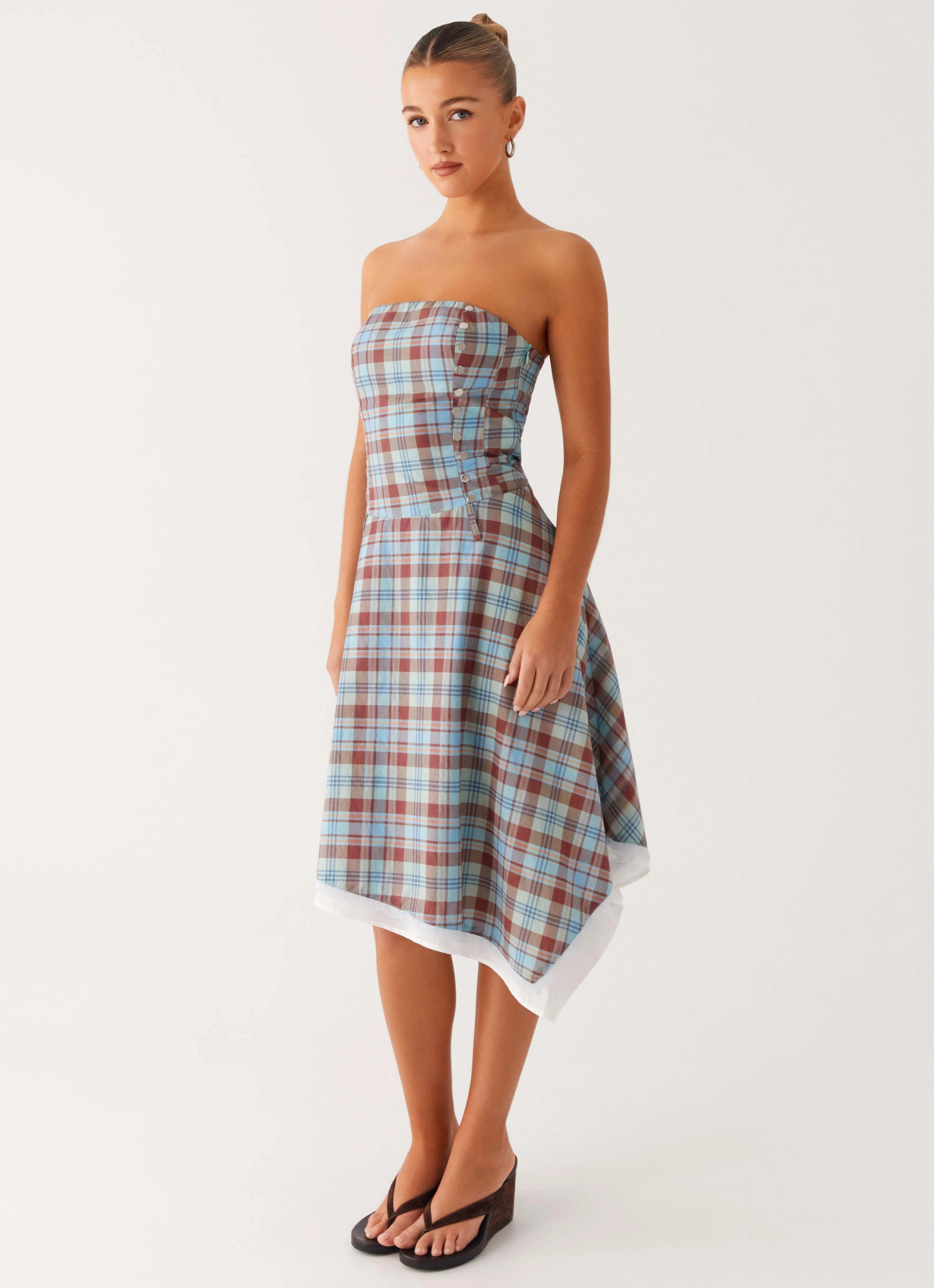 Subtle Touch Tonie Strapless Midi Dress - Shoreline Check
