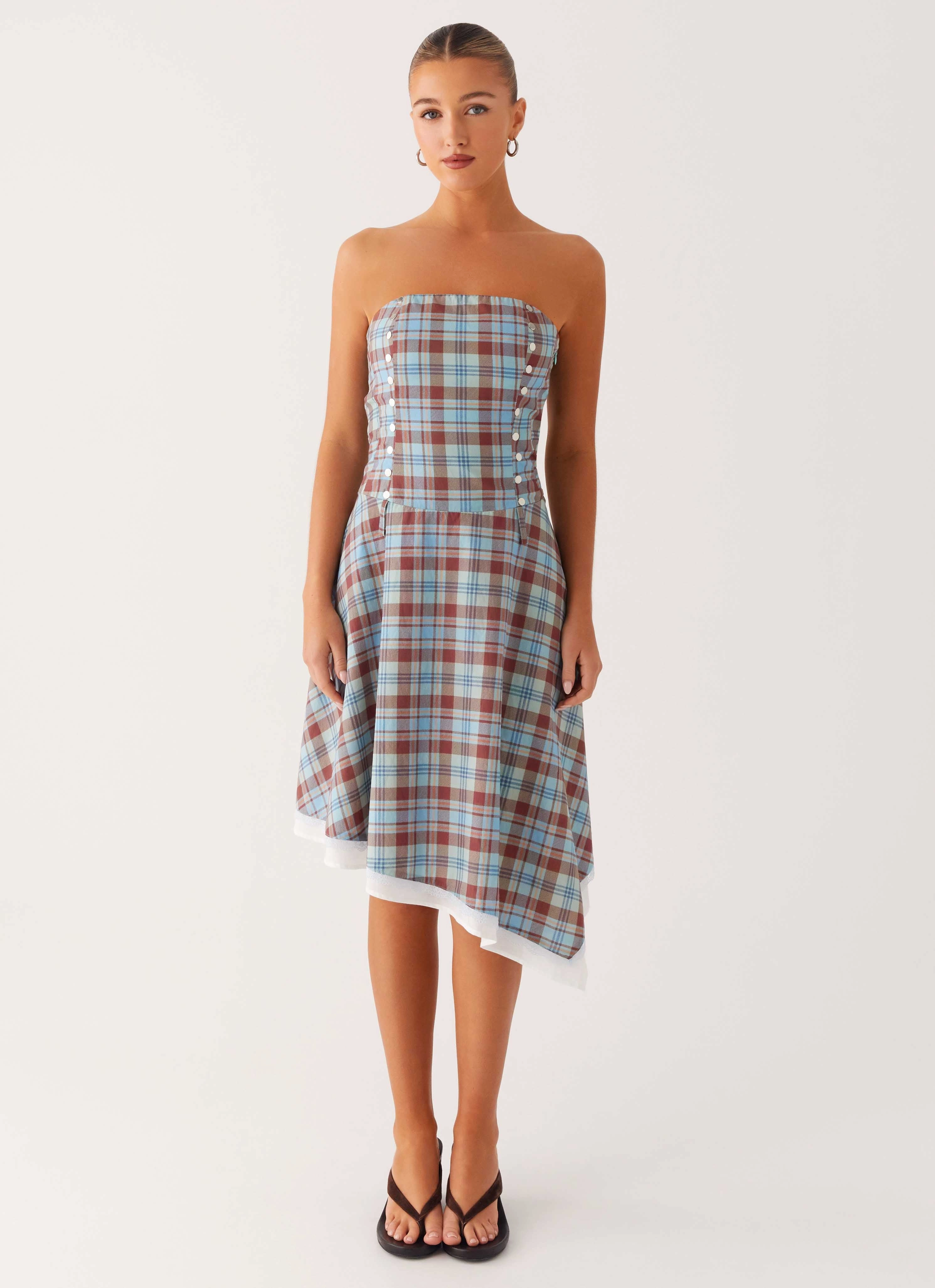 Tonie Strapless Midi Dress - Shoreline Check Mini-Length Shore Time