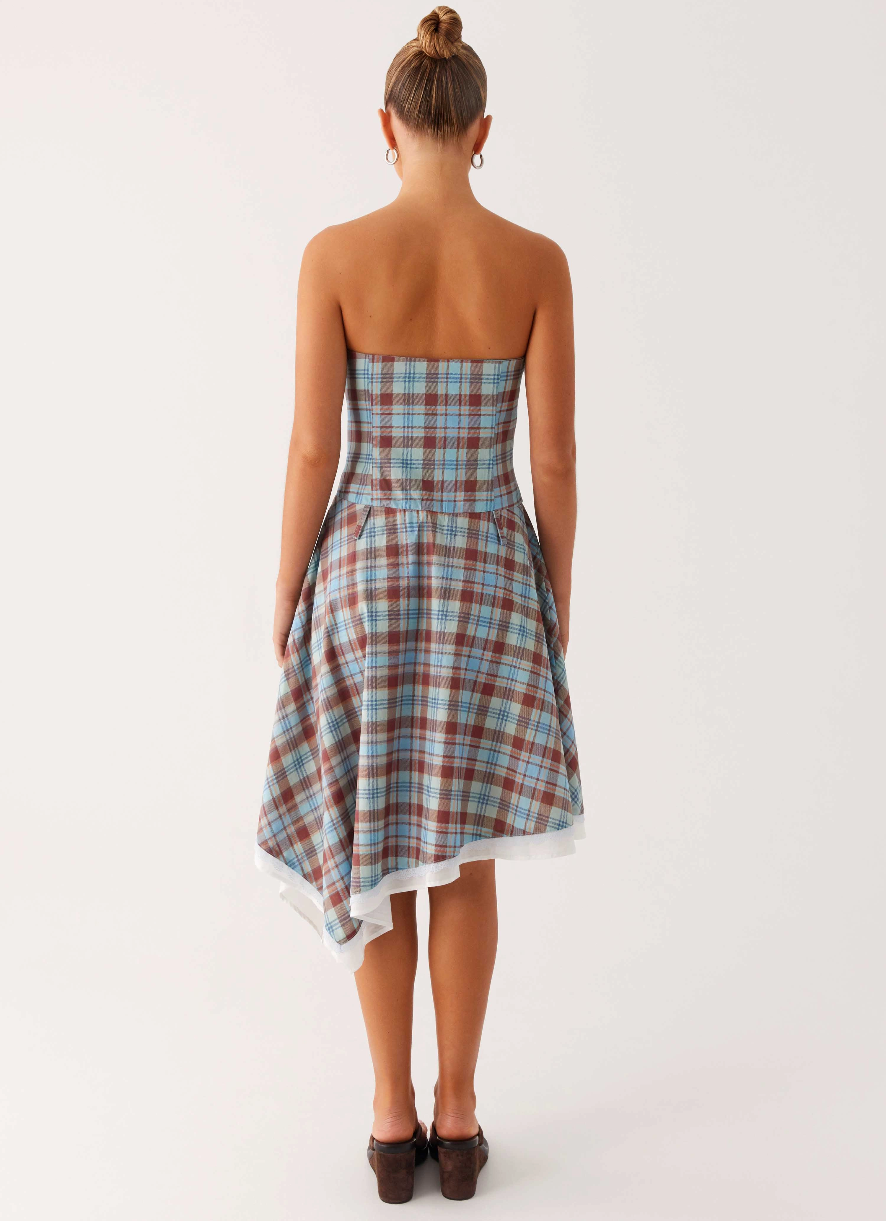 Tonie Strapless Midi Dress - Shoreline Check Dreamy Look