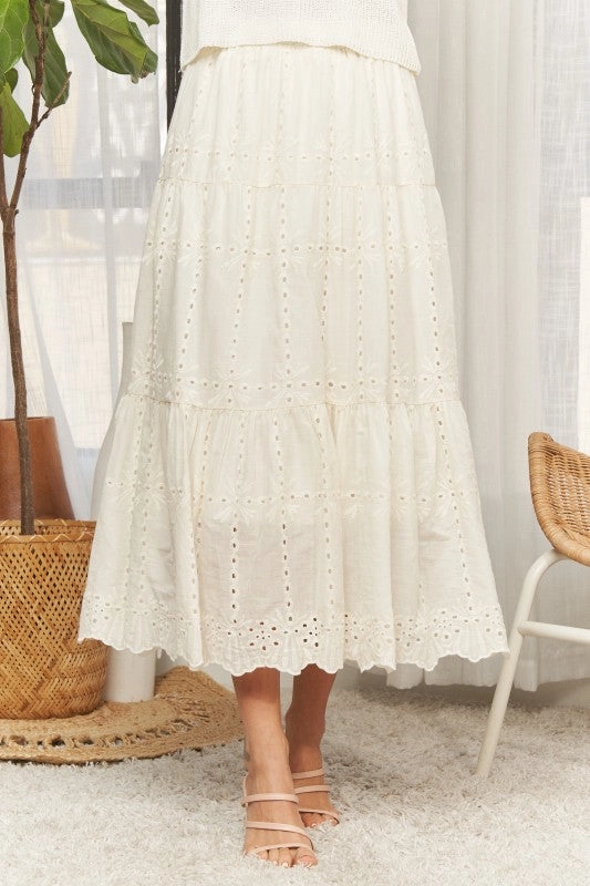 Tonya Tiered Eyelet Midi Skirt Heat Dissipating Fabric Artisan Print