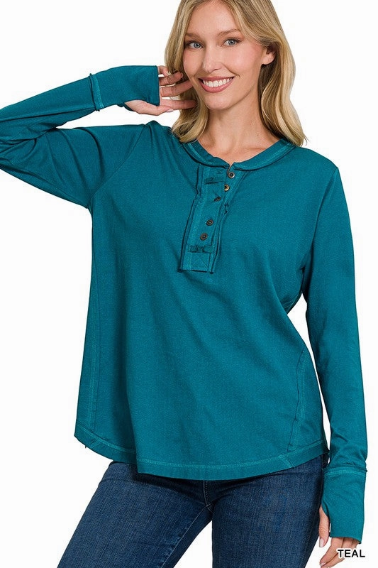 Tori Thumb Hole Cuffs Button Closure Long Sleeve Top Non Binding Waistband