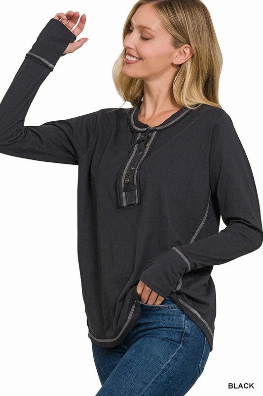 Tori Thumb Hole Cuffs Button Closure Long Sleeve Top Self Cleaning Coating