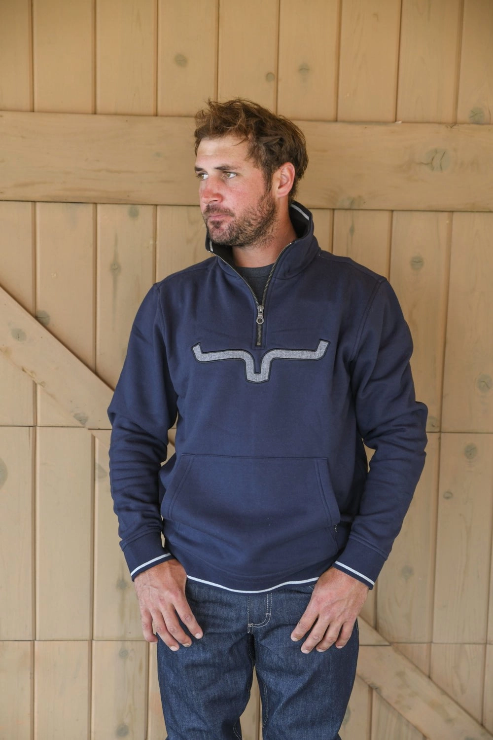 Elastic Binding Double Buttons Kimes Ranch Mens Filmore Navy Heather Cotton blend Hoodie