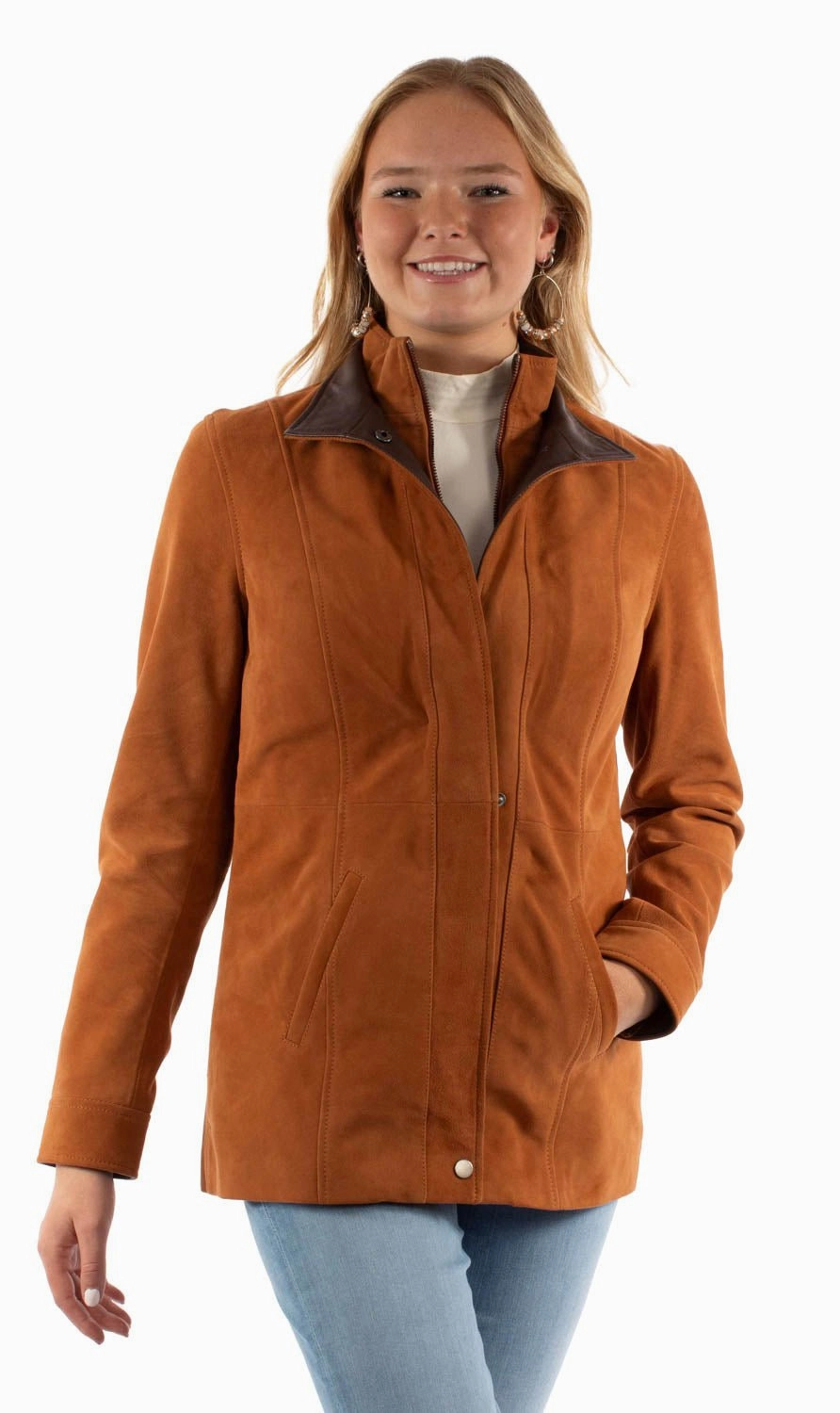 TapedZippers Scully Womens Contrasting Embellished Snap Tan Suede Leather Jacket