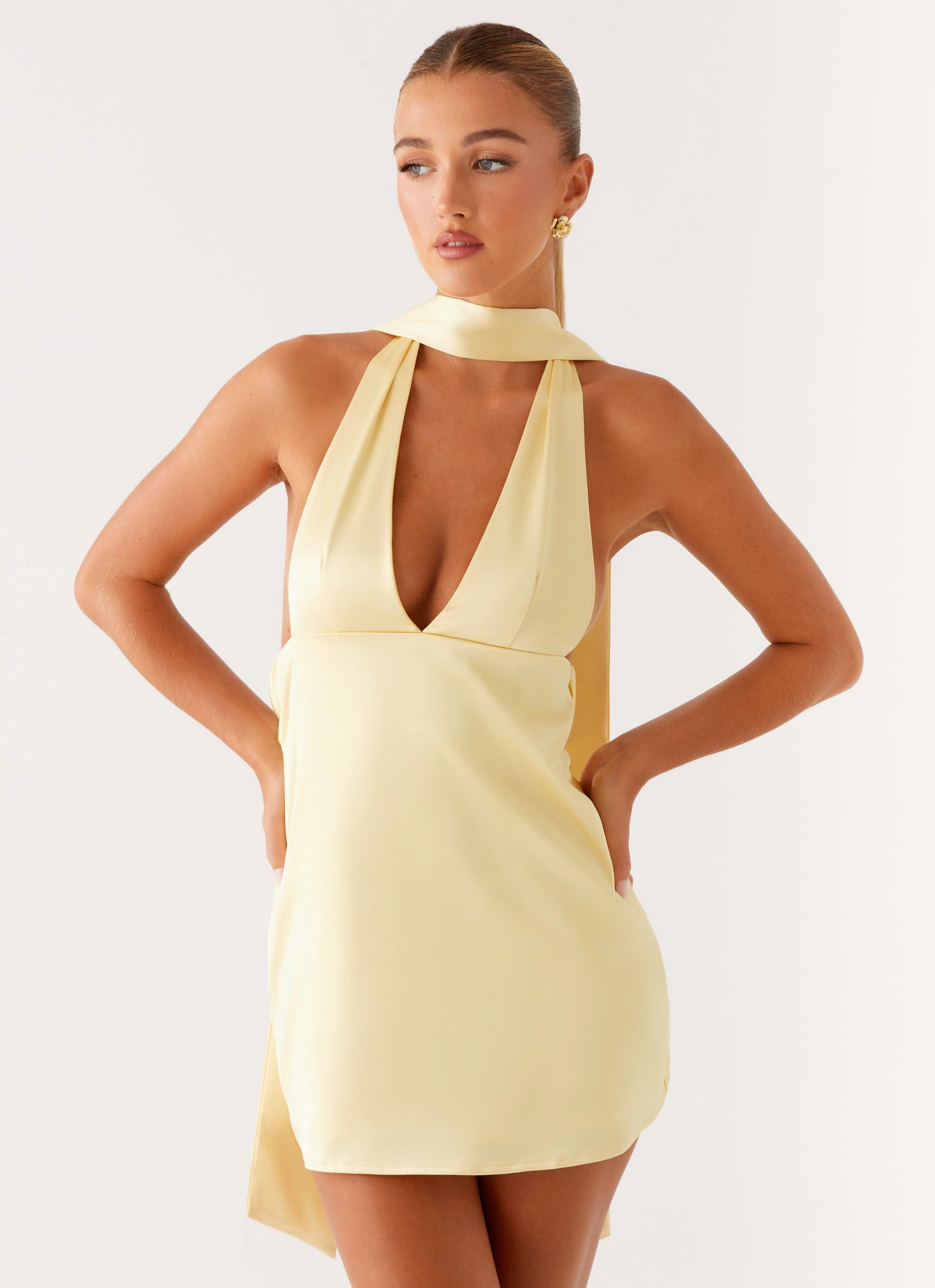 Resort Outfit Alicia Satin Halter Mini Dress - Pastel Yellow