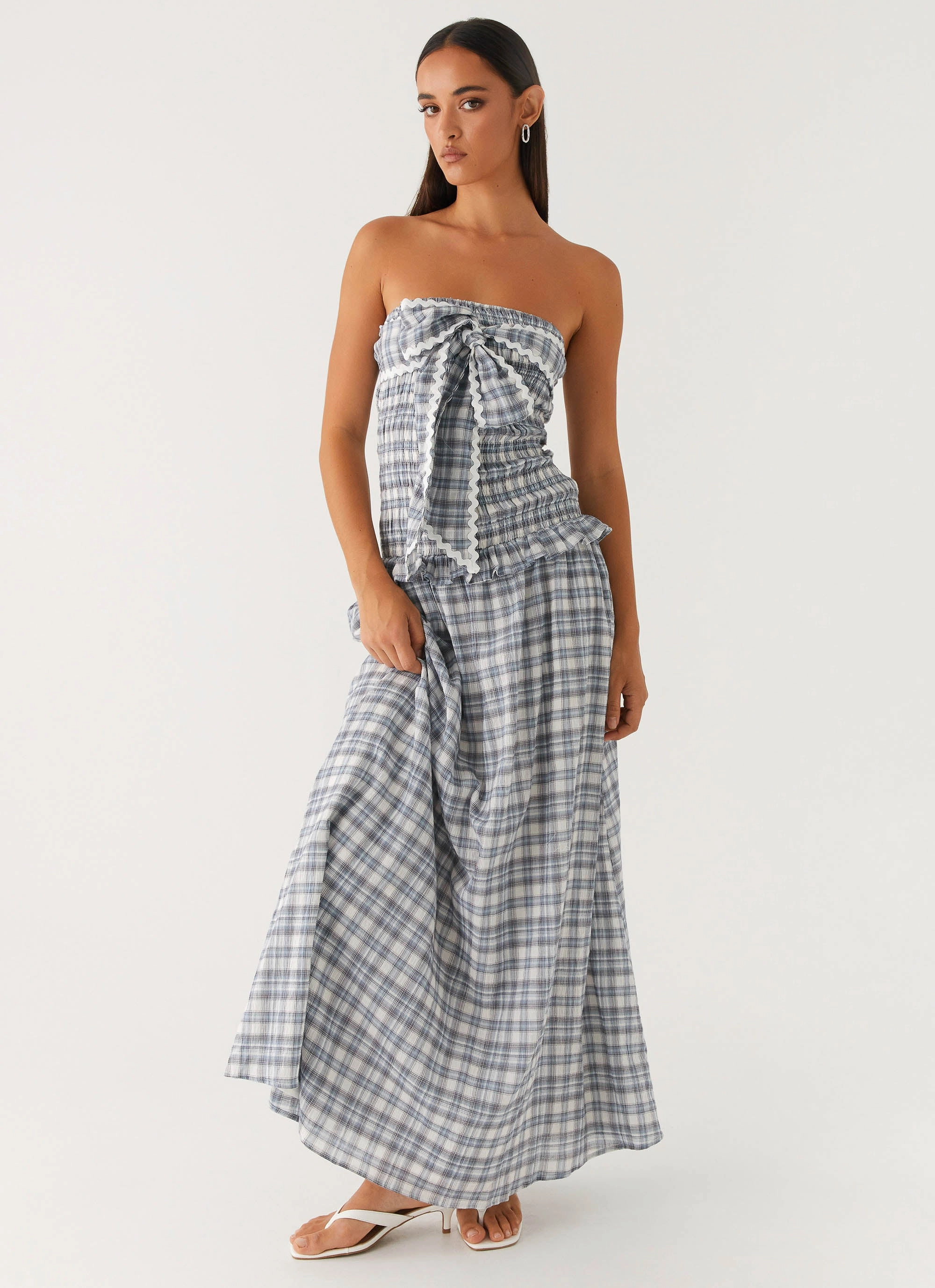 Urban Minimalism City Bright Malia Shirred Maxi Dress - Blue Grey Check