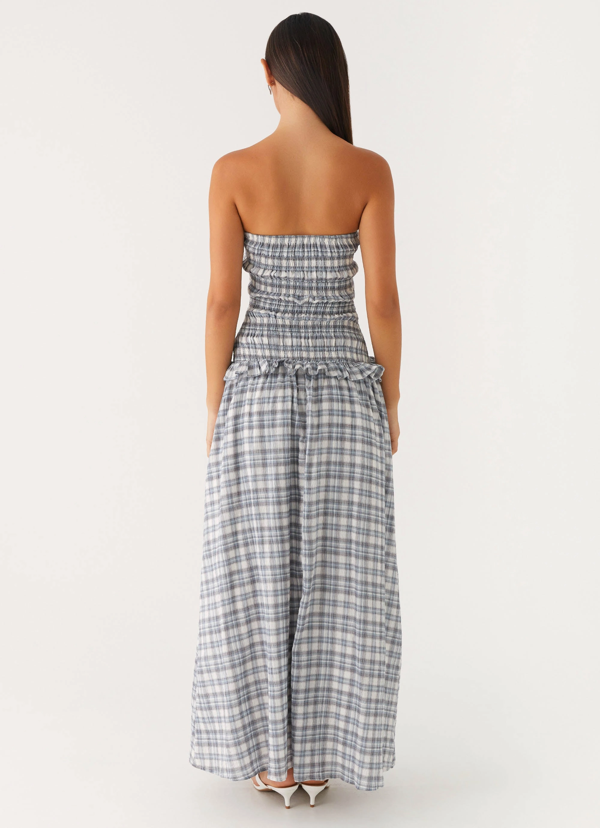 Malia Shirred Maxi Dress - Blue Grey Check Romantic Soft