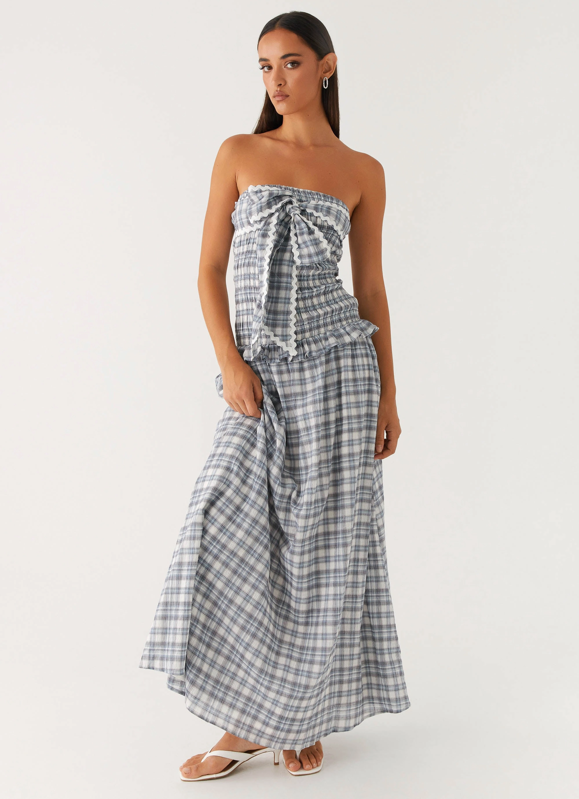 Malia Shirred Maxi Dress - Blue Grey Check Everyday Flow