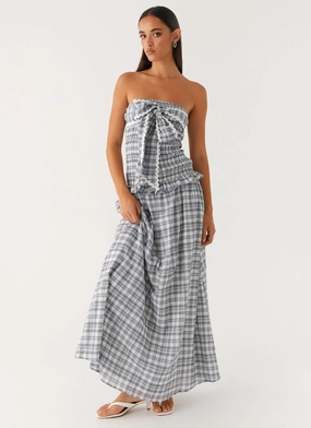 Urban Minimalism City Bright Malia Shirred Maxi Dress - Blue Grey Check