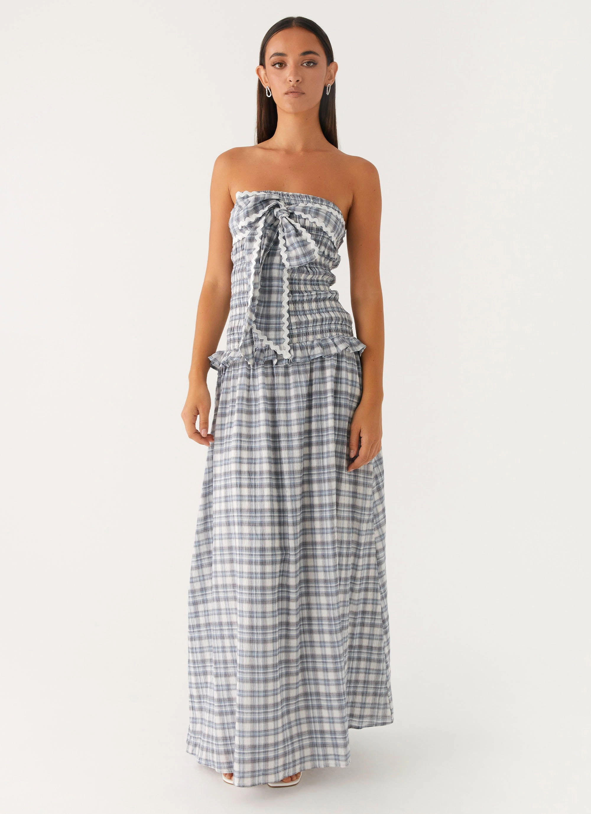 Malia Shirred Maxi Dress - Blue Grey Check Belt Waist