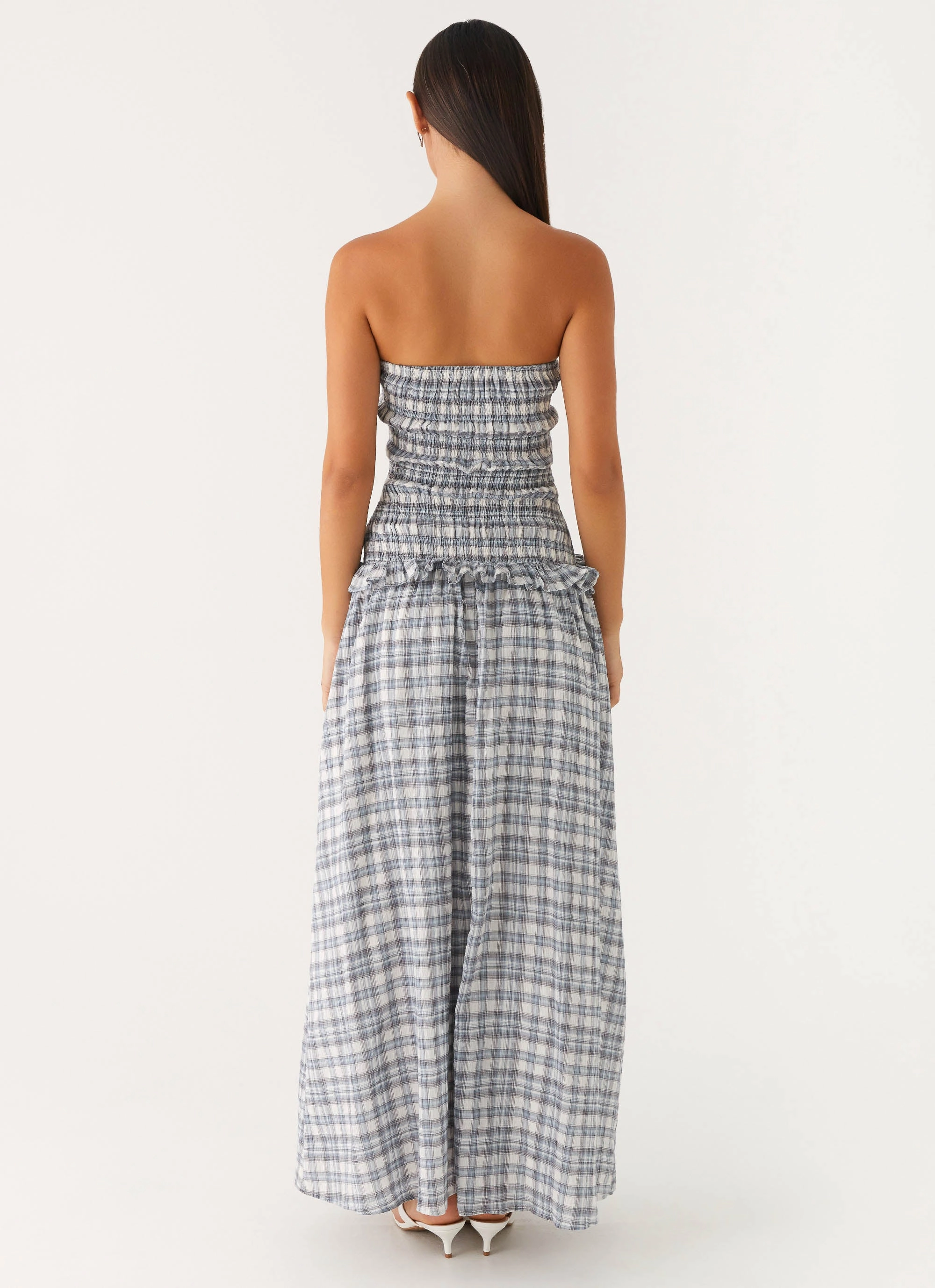 Malia Shirred Maxi Dress - Blue Grey Check Fresh Combo Lounge Base