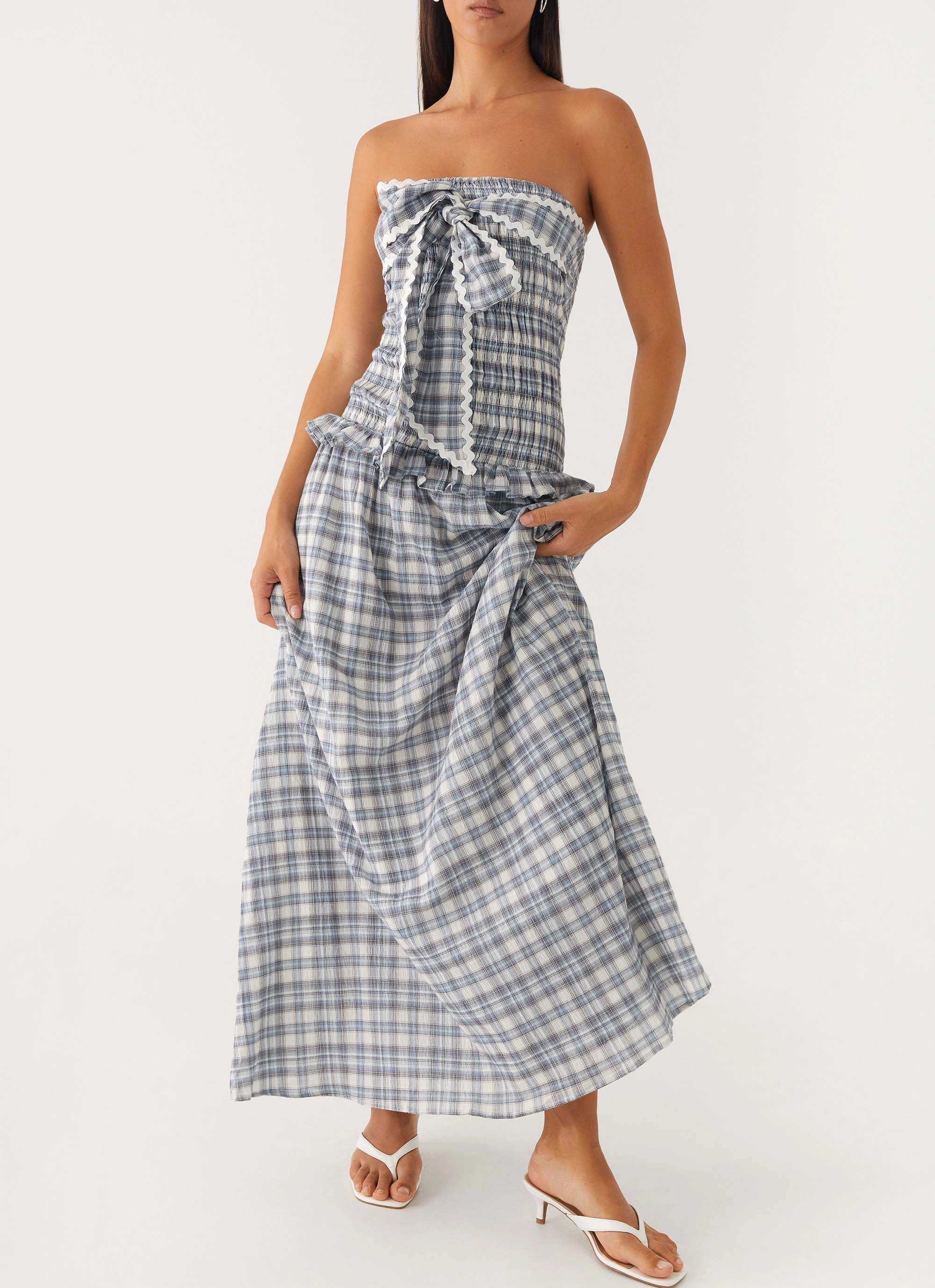 Soft cotton blend dress Malia Shirred Maxi Dress - Blue Grey Check