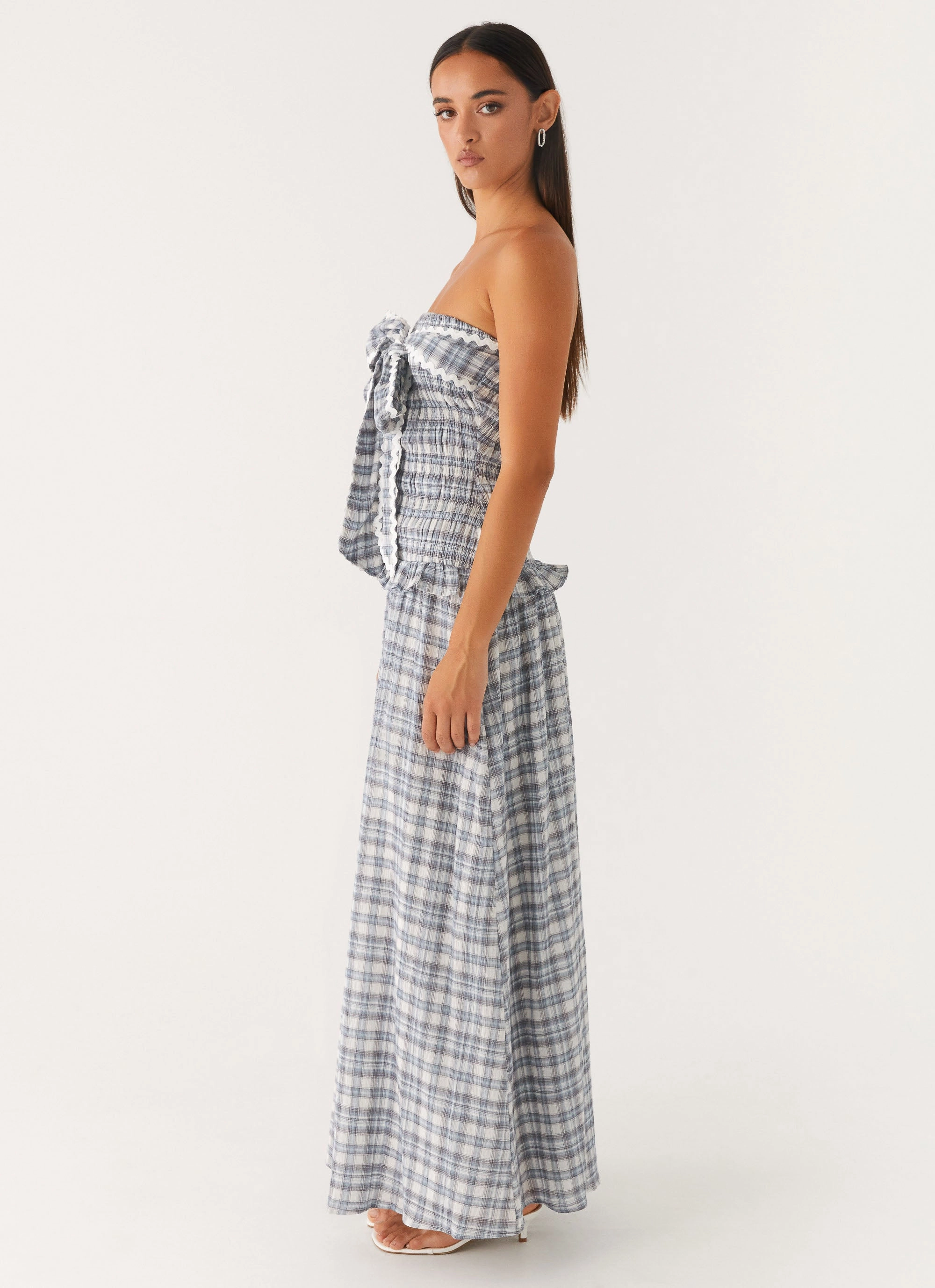 Malia Shirred Maxi Dress - Blue Grey Check Layering Fit cut out