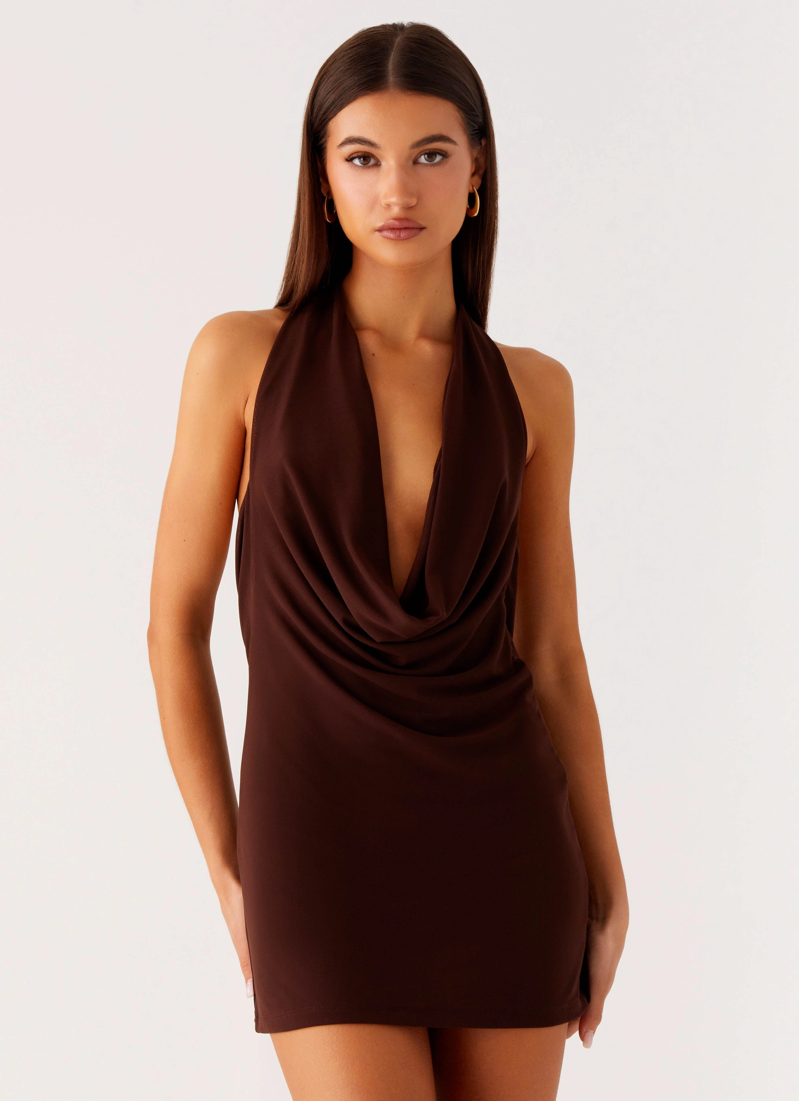 Draped Fabric Smooth Motion Saffron Skies Mini Dress - Chocolate