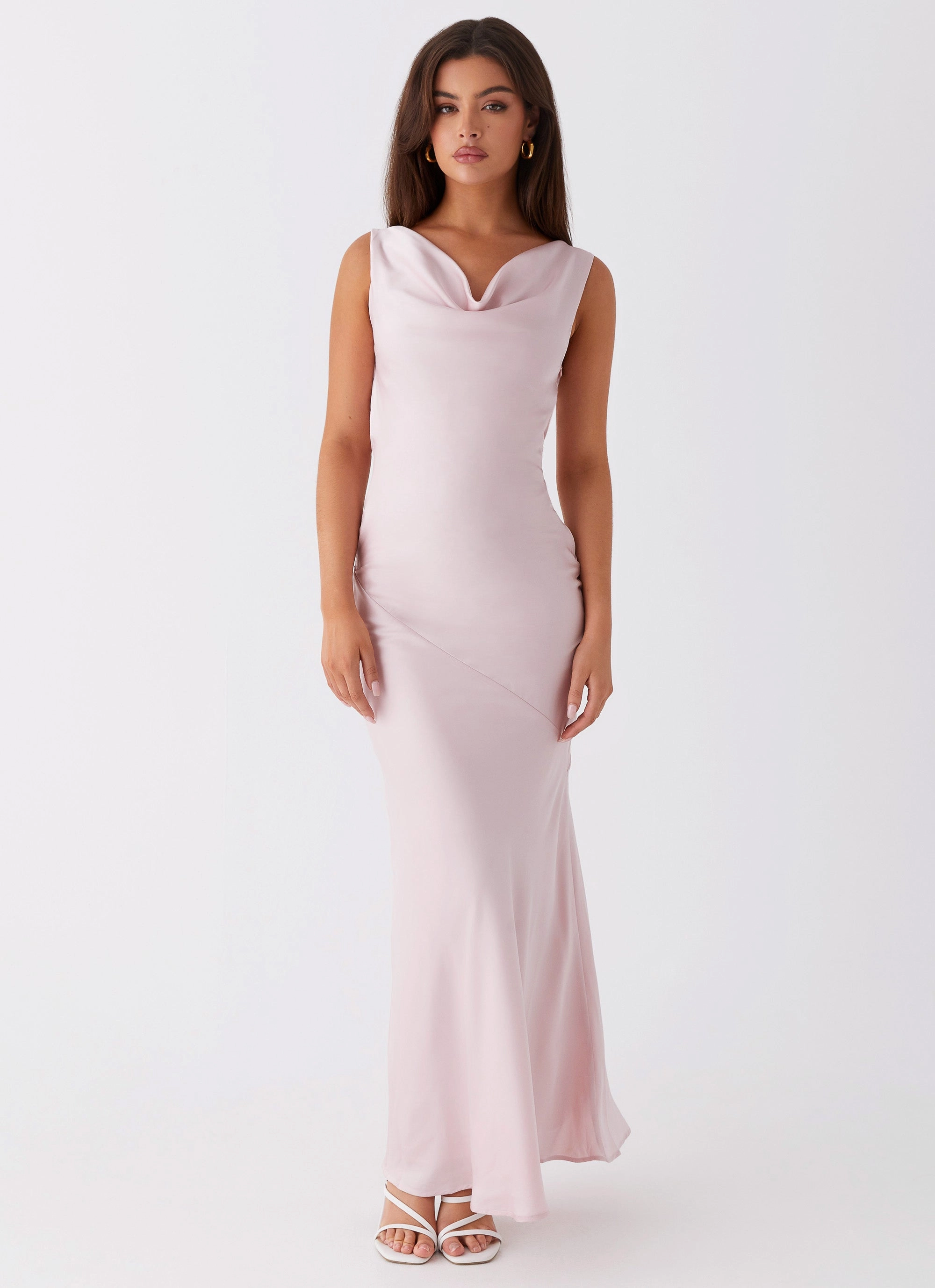 Be Mine Satin Maxi Dress - Mauve Pink Elastic-Waist Olive Tone