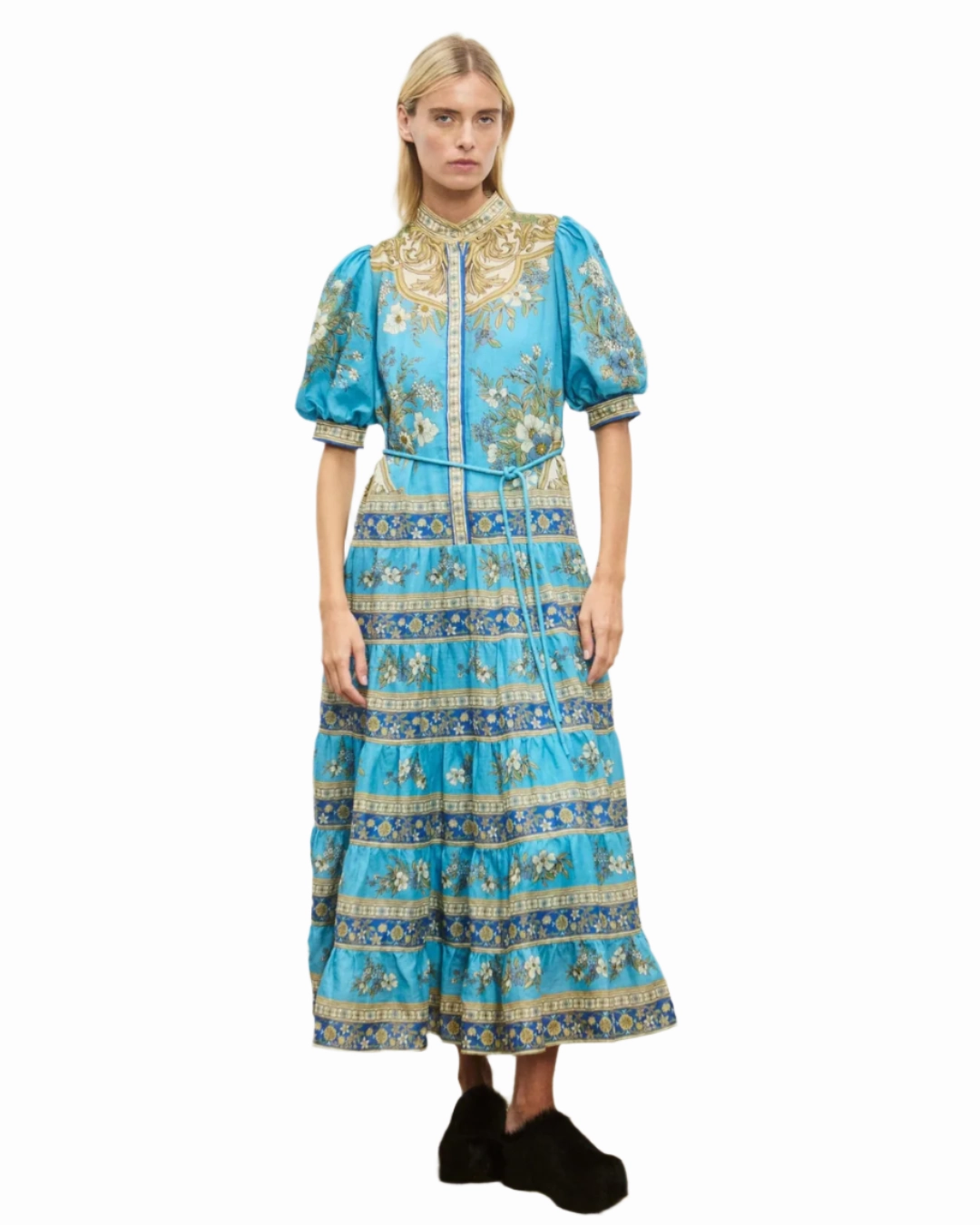 Cassie Tiered Midi Dress in Blue Office Glam