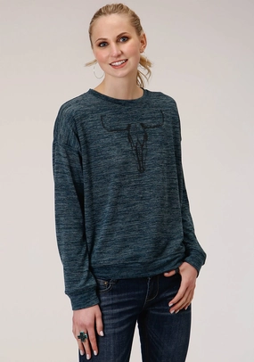 Roper Womens Teal Cotton Blend Longhorn Knit Sweatshirt Warm Layers Flex Knit Ribbing