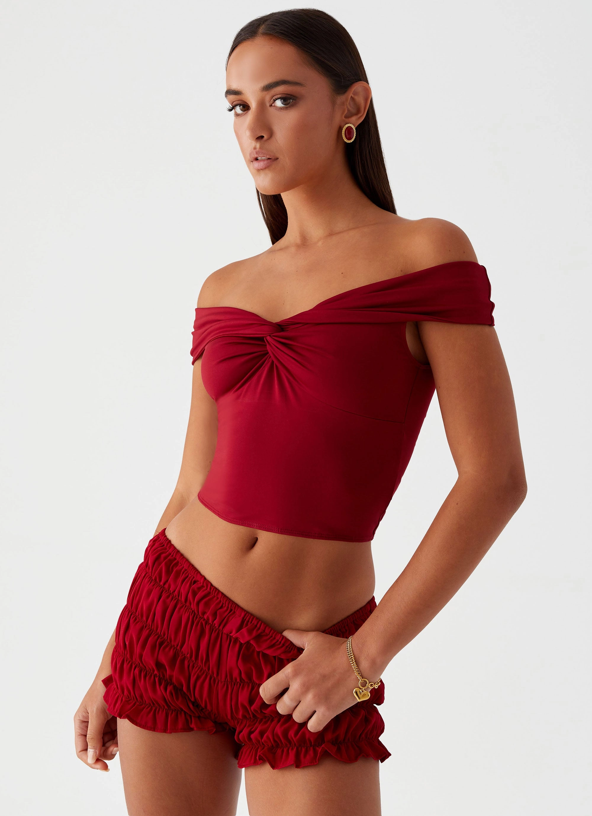 Trixie Twist Off Shoulder Top - Maroon Temperature Control Fabric Ribbed Trim Details