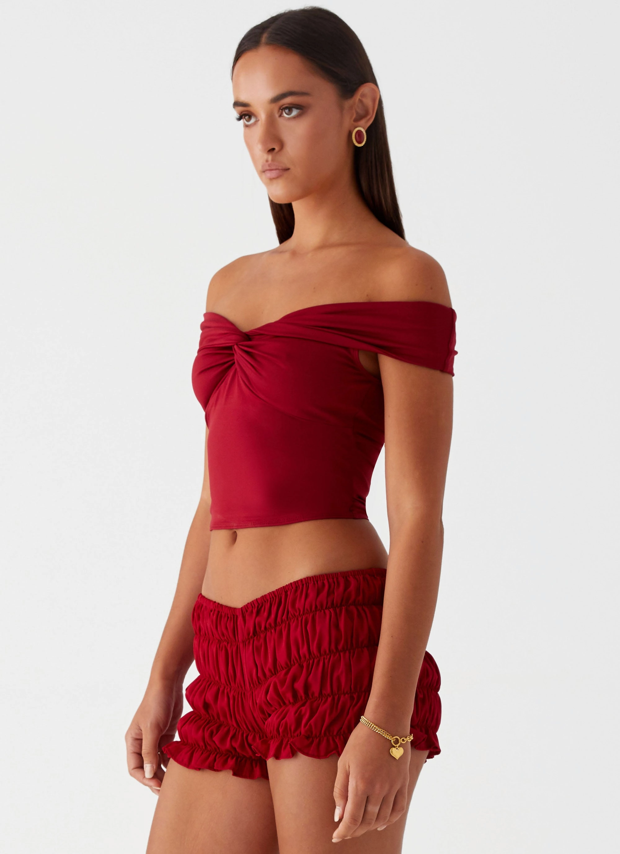 AthleisureInspired LightweightFabric Trixie Twist Off Shoulder Top - Maroon