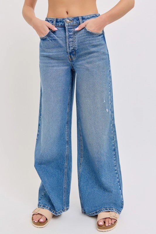 DoubleLayeredShoulders Hybrid Fabric Blend Troy High Rise Wide Leg Jean