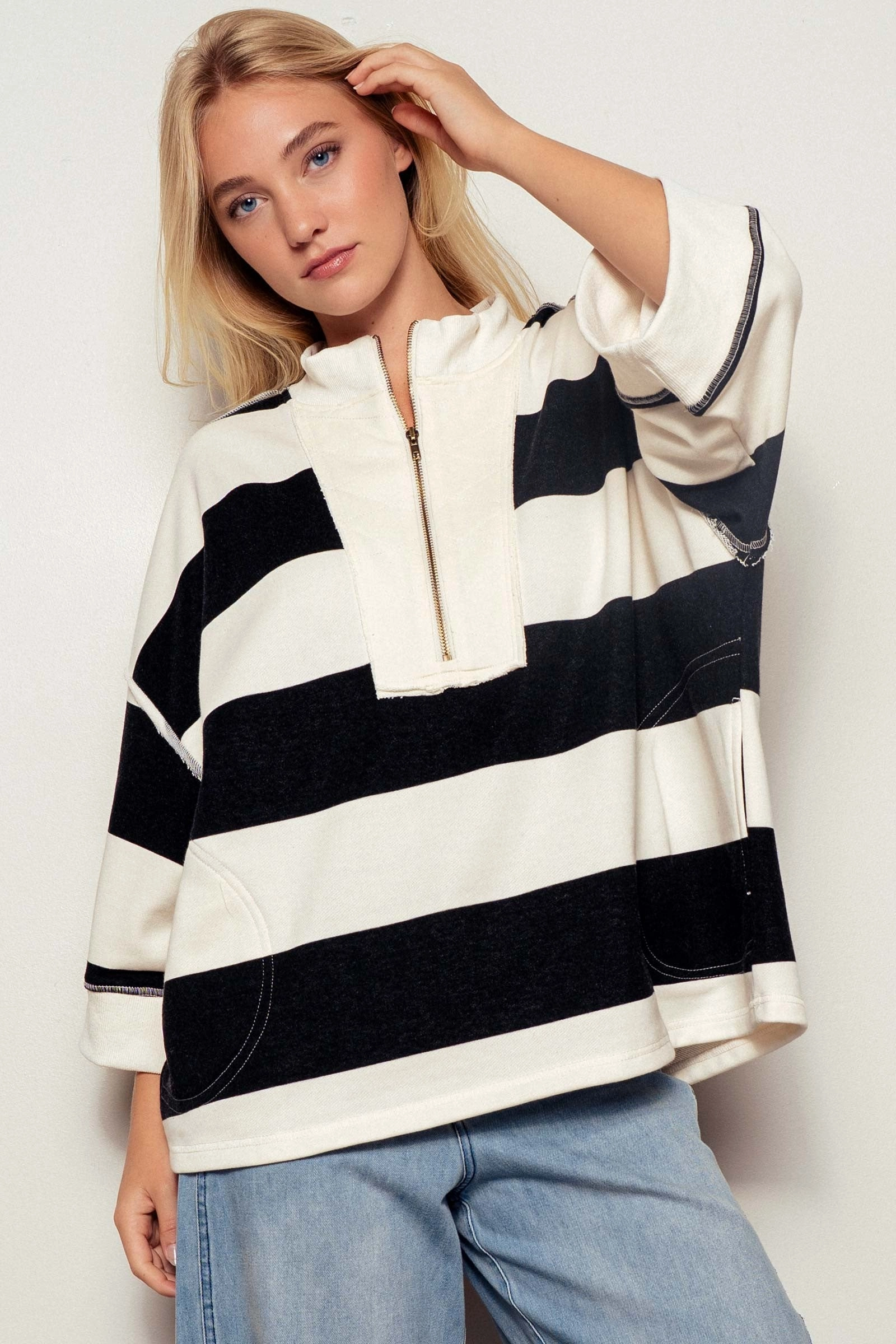 Breezy Striped Pullover Top - Cream Black Formal Blouse