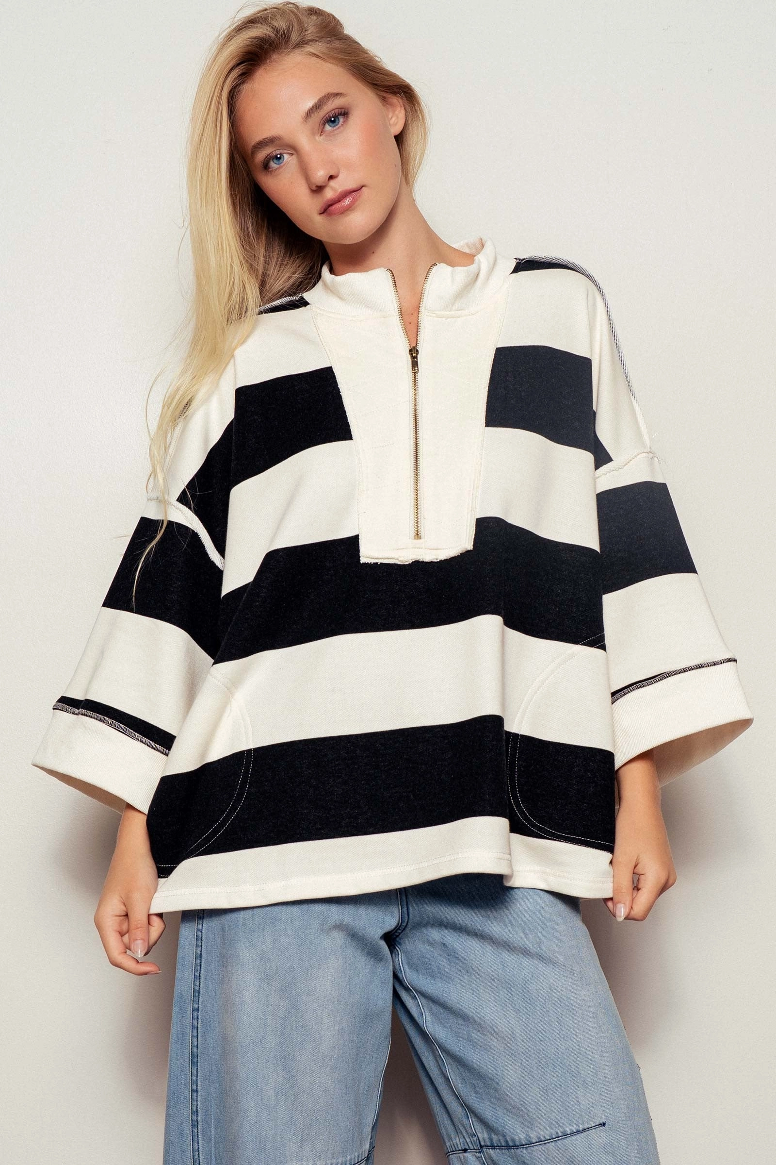 Breezy Striped Pullover Top - Cream Black Soft Touch Blend