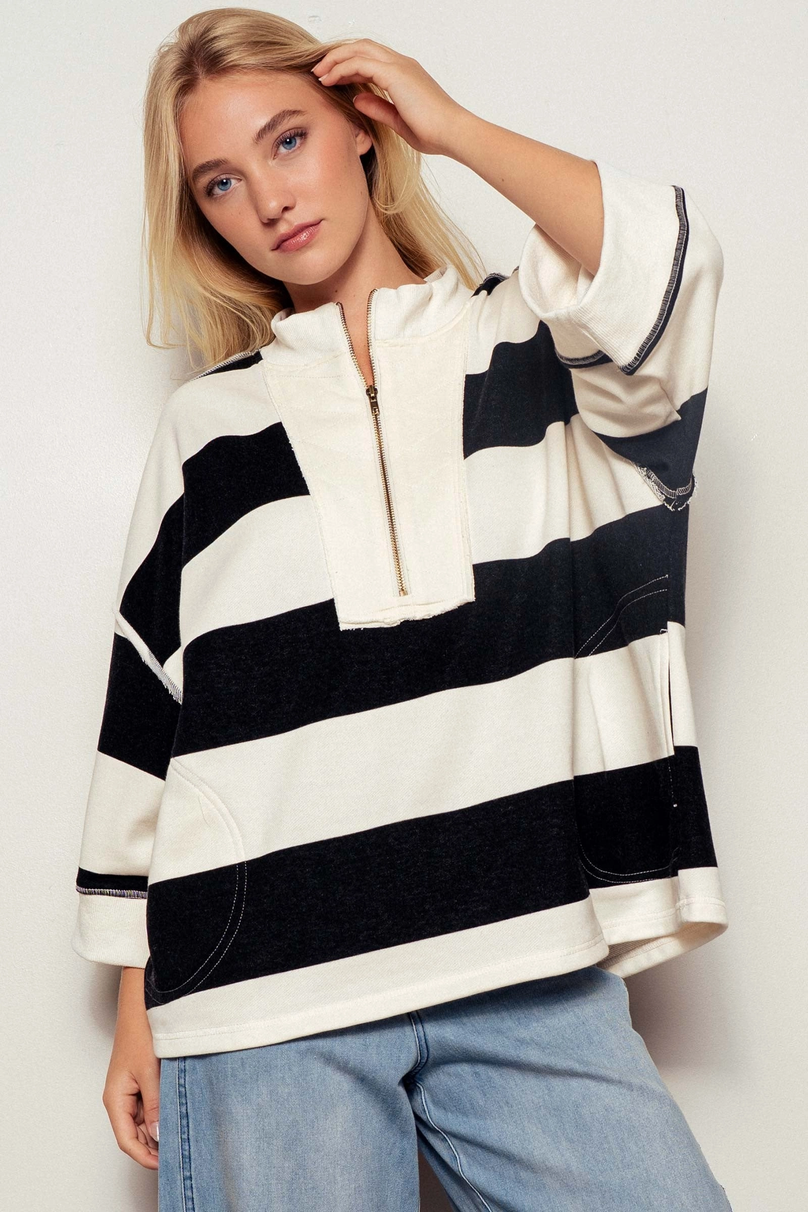 EcoFriendly Manufacturing Hypoallergenic Fiber Breezy Striped Pullover Top - Cream Black
