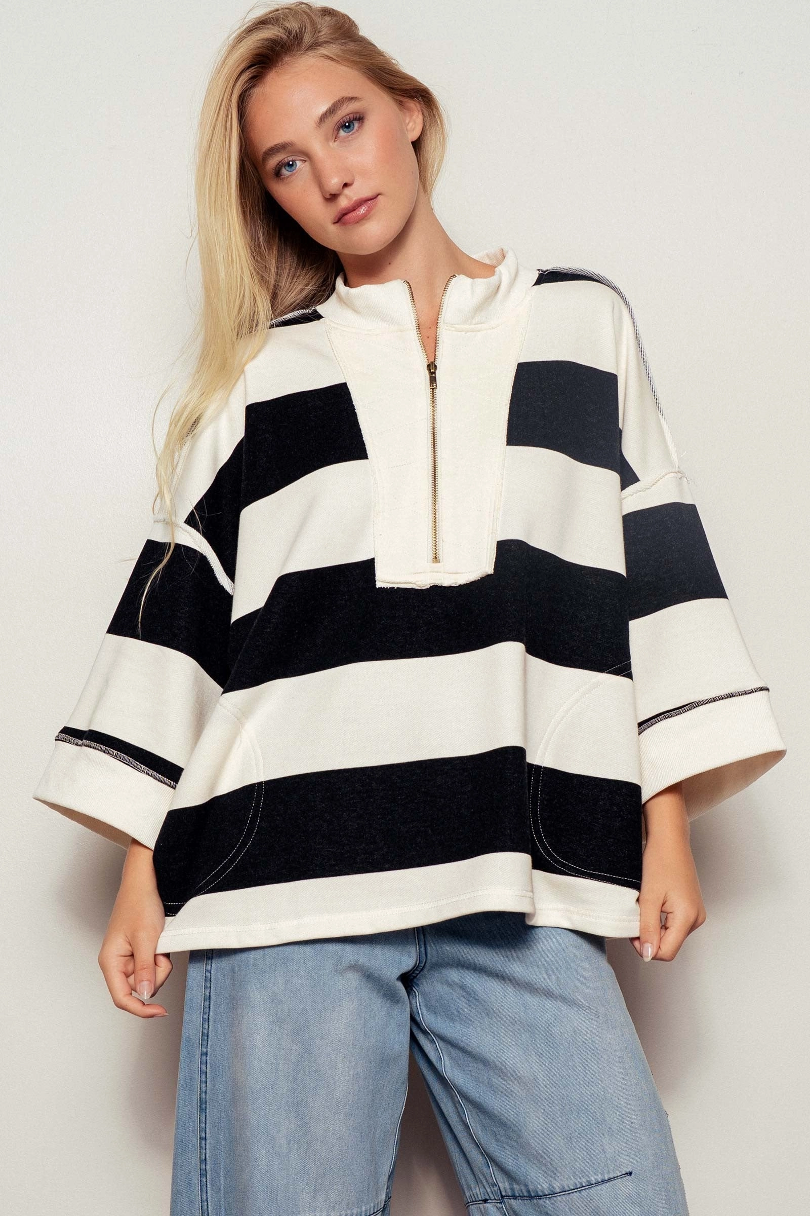 Breezy Striped Pullover Top - Cream Black DurableWeave