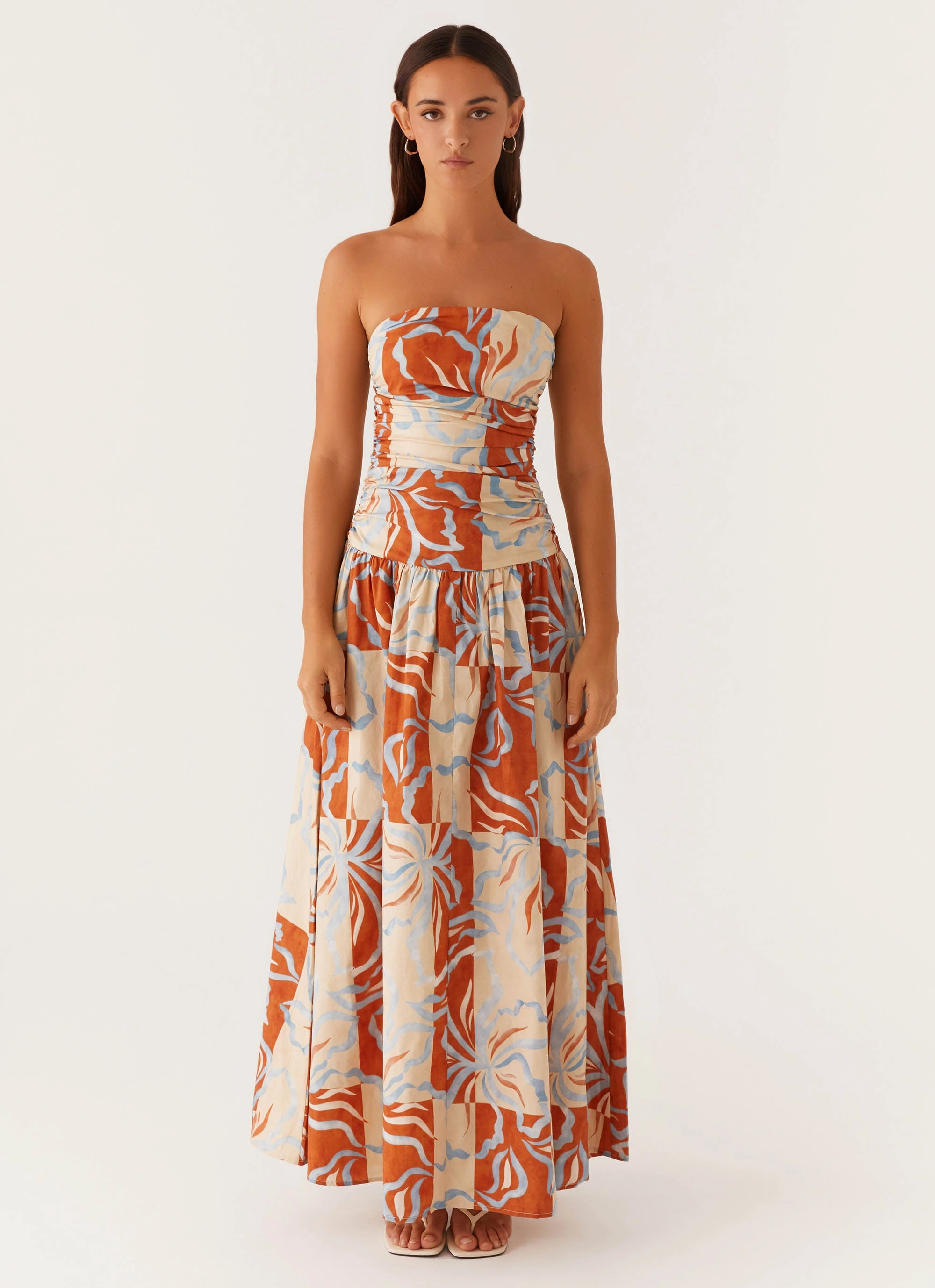 Clean Outline Carmel Maxi Dress - Orange Blue Floral