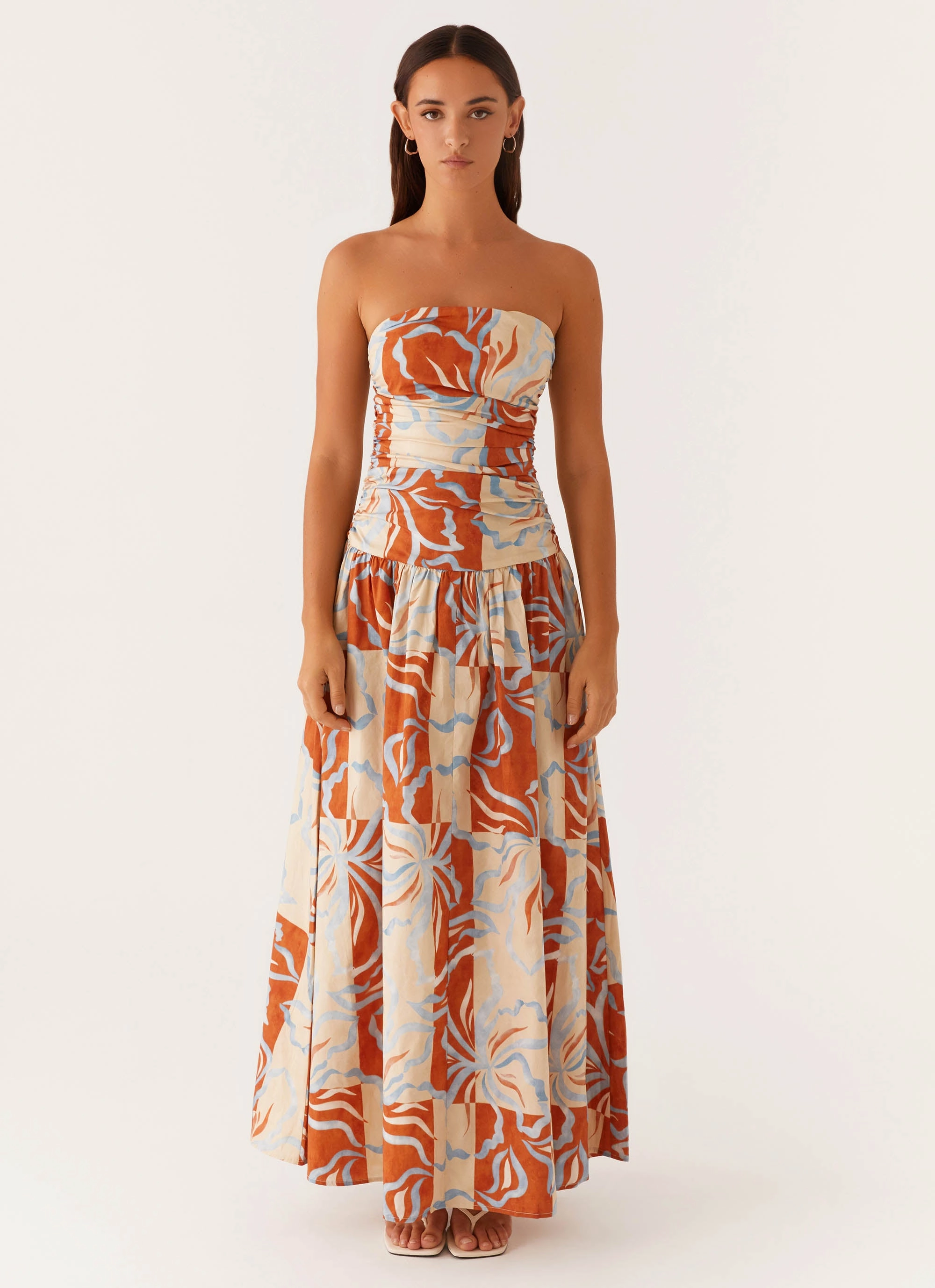 Carmel Maxi Dress - Orange Blue Floral Drawstring-Closure Classic Look