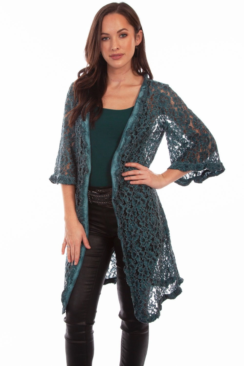 Soft Touch Scully Womens Dark Cyan Cotton Blend Floral Lace Cardigan