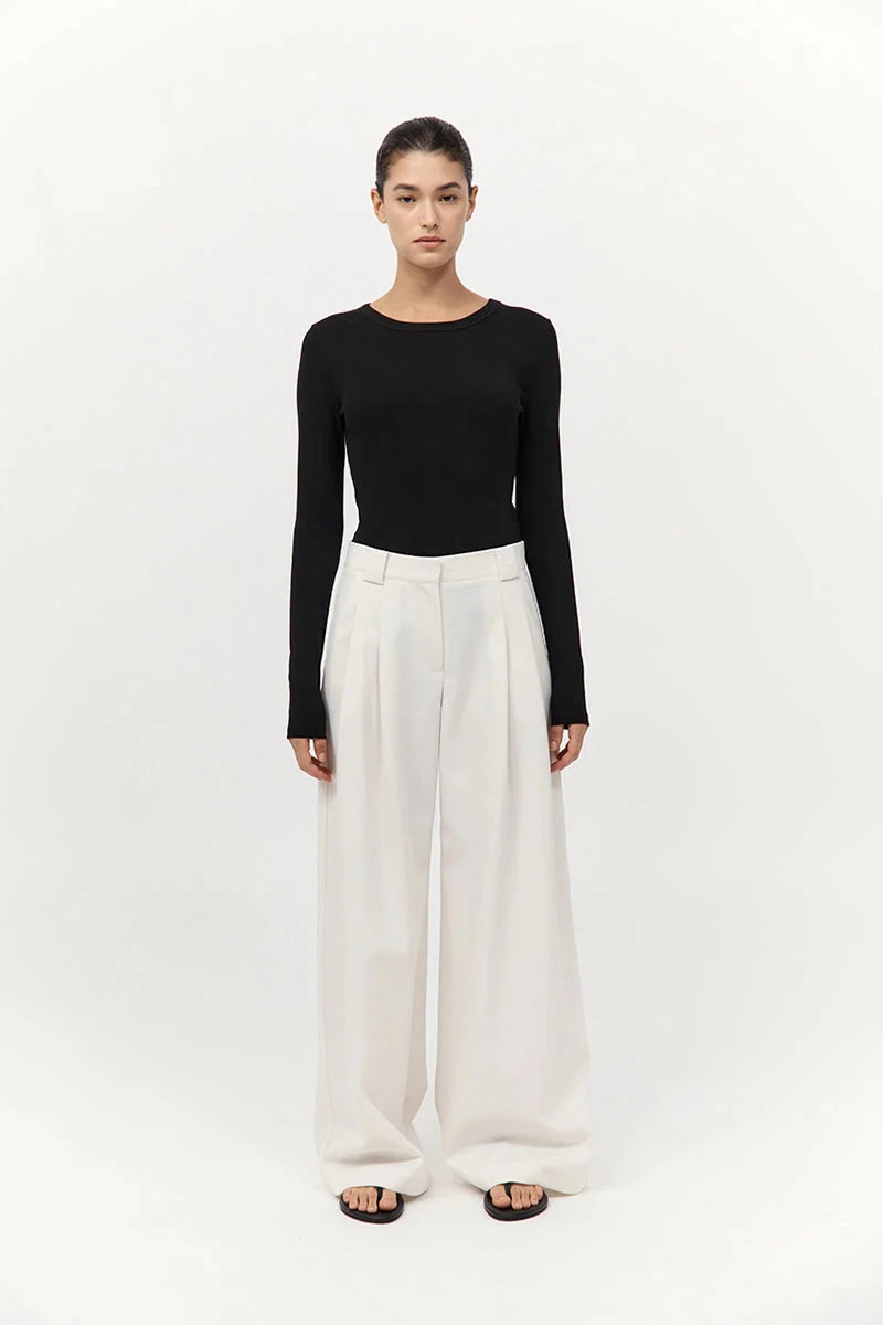Twill Wide Leg Pleat Pants in Off White LightweightComfort
