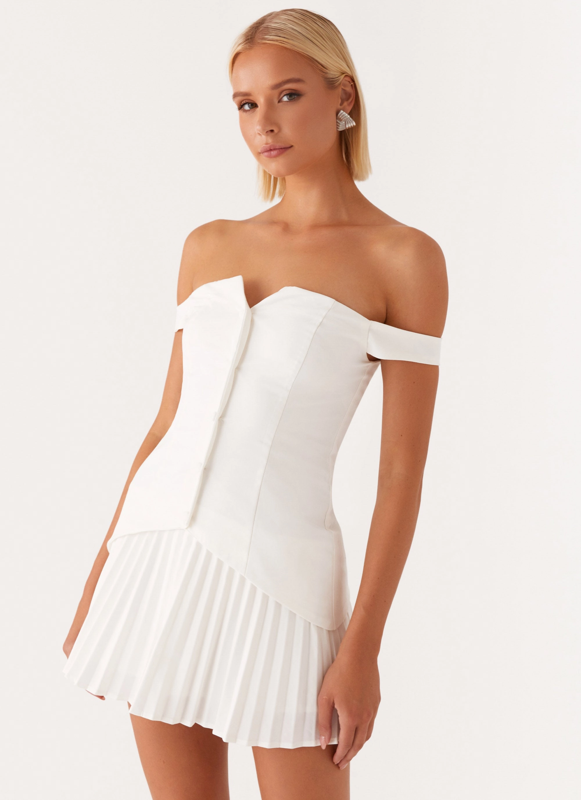 Twisted Skies Off Shoulder Mini Dress - Off White Perfect Style Wear Silky Surface