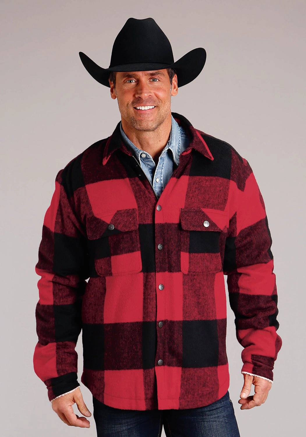 Stetson Mens Buffalo Plaid Red/Black Wool Blend Coat Adjustable Hood