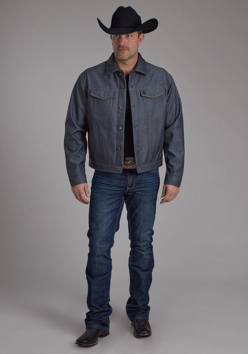 Roper Mens Raised Denim Blue Polyester Softshell Jacket Wrinkle Free Texture SlipResistantFastenings