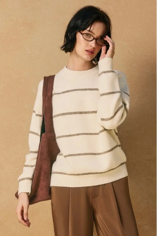 Simple Chic Eva Crewneck Striped Sweater - Cream & Tan