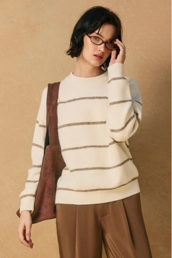 NoSlip Grip Eva Crewneck Striped Sweater - Cream & Tan