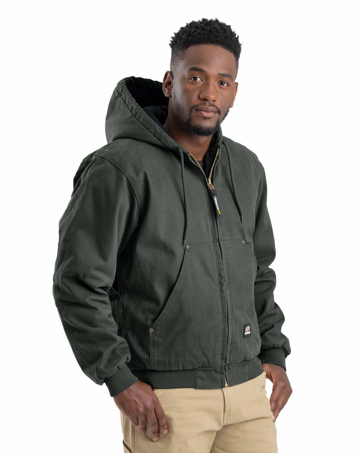 Berne Apparel Mens Heartland Washed Hooded Moss 100% Cotton Chore Jacket Belted Style Matte Finish