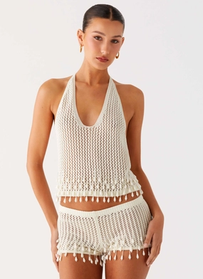 Pearl Shore Beaded Crochet Top - Ivory NonRestrictive Cut VentilatedBack