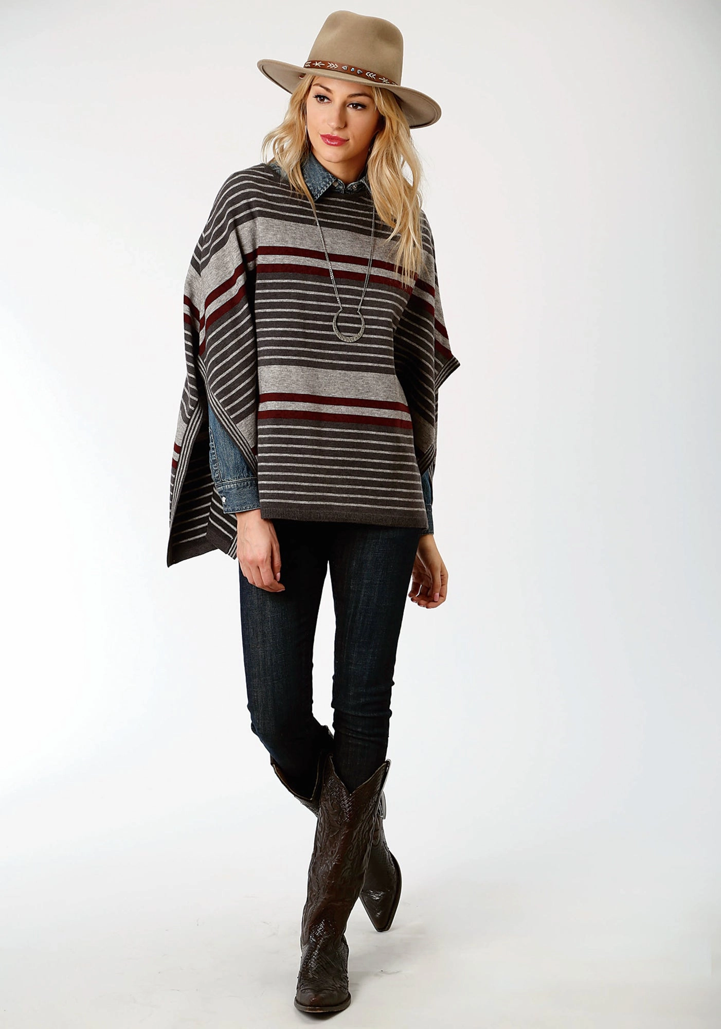 Modern Comfort Stetson Womens Grey/Red Ombre Stripe Poncho
